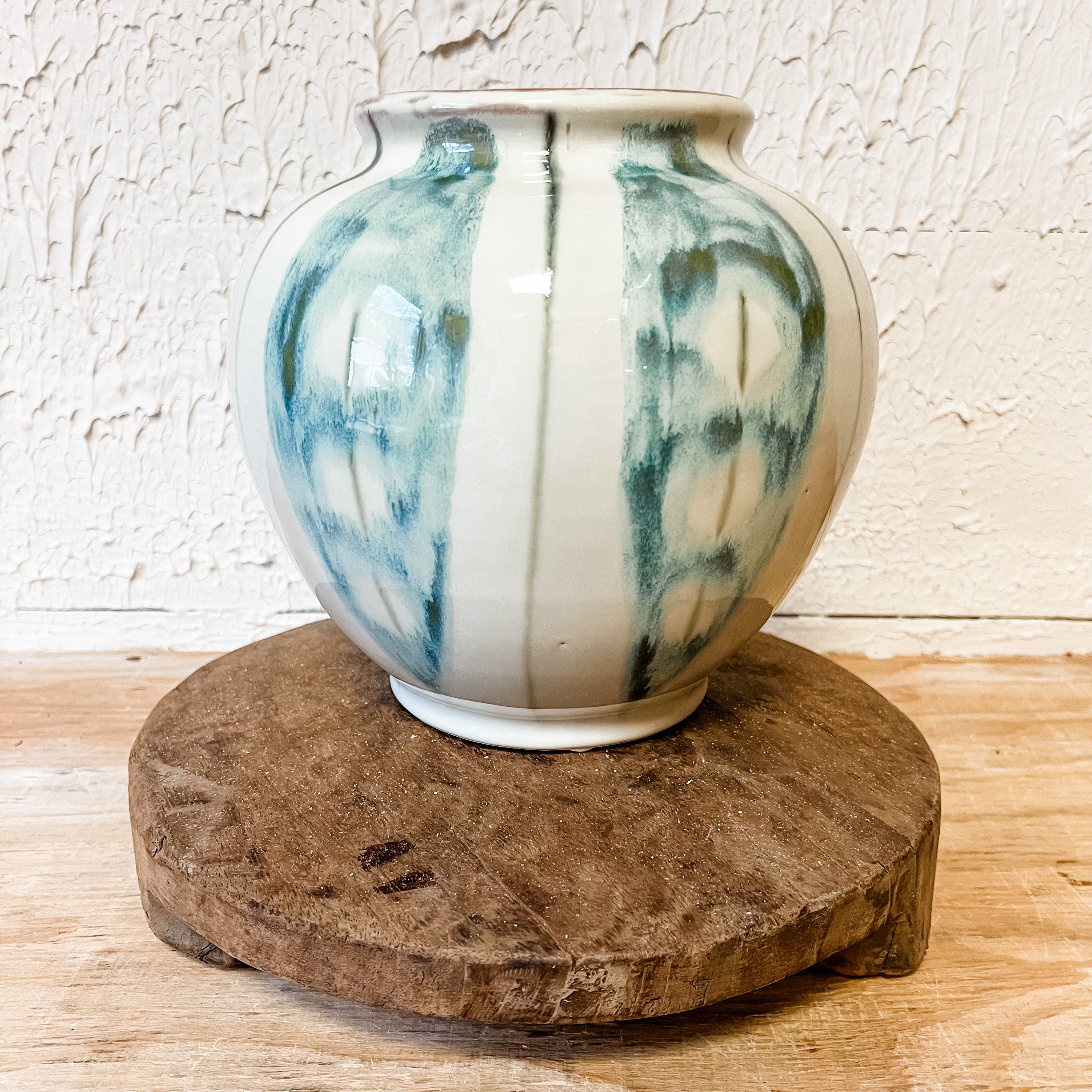 hand painted stoneware vase with green and blue color tones the rustic barn ct