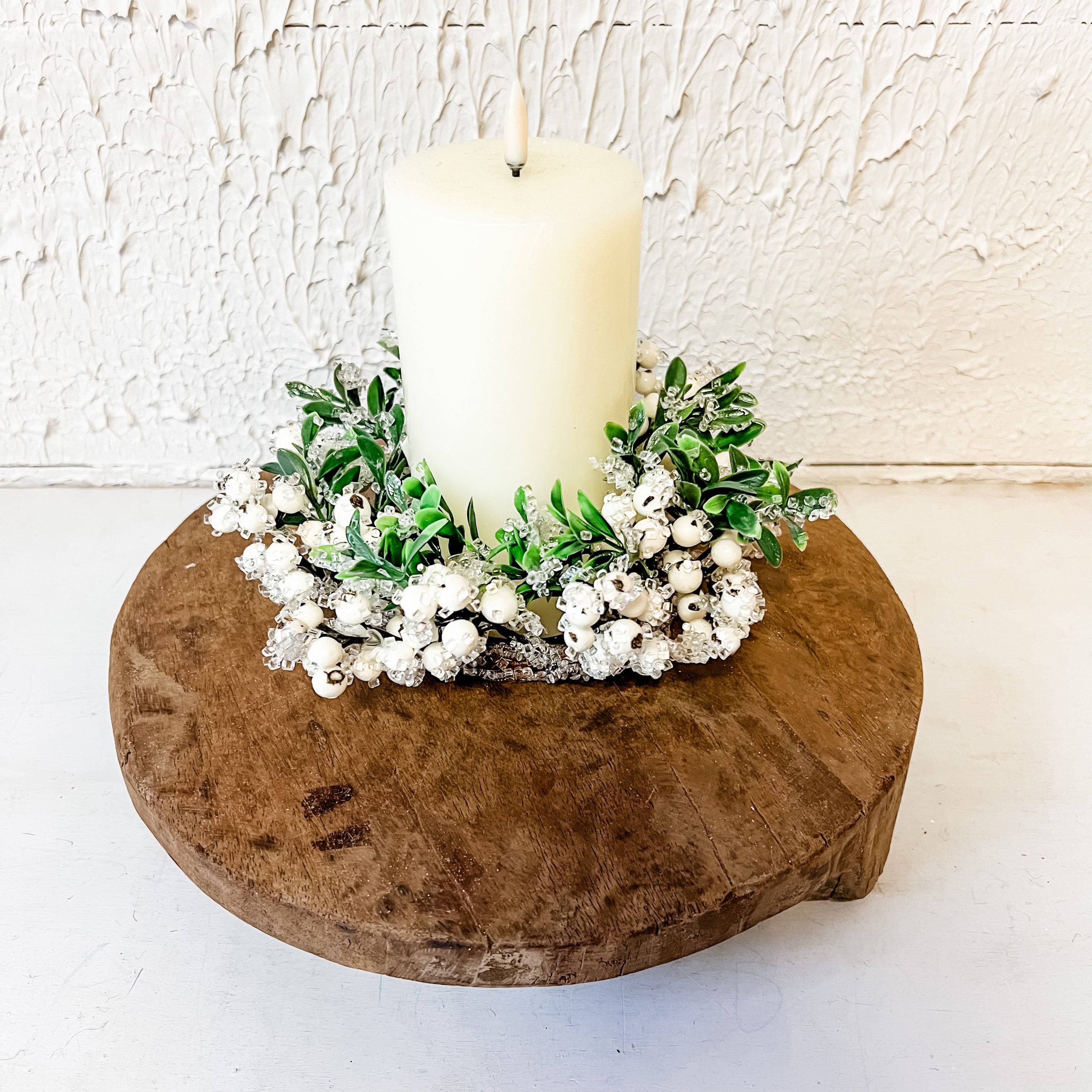 iced white berry and boxwood candle ring the rustic barn ct