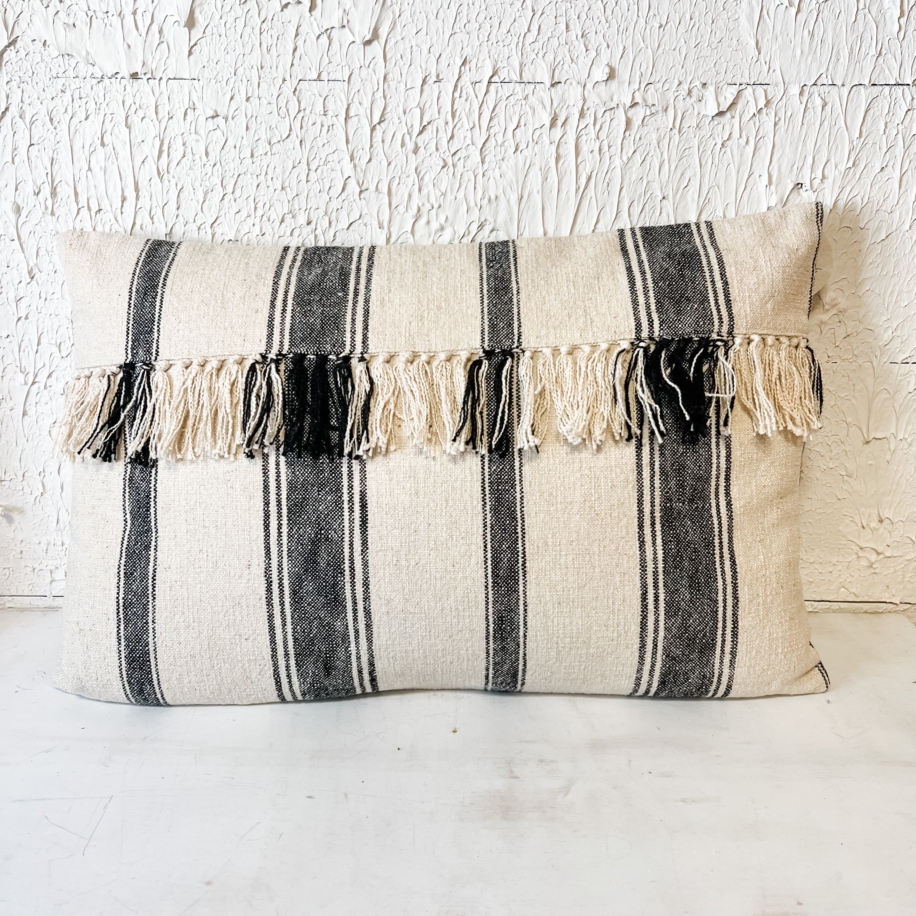 cotton striped cream and charcoal grey lumbar pillow with fringe the rustic barn ct