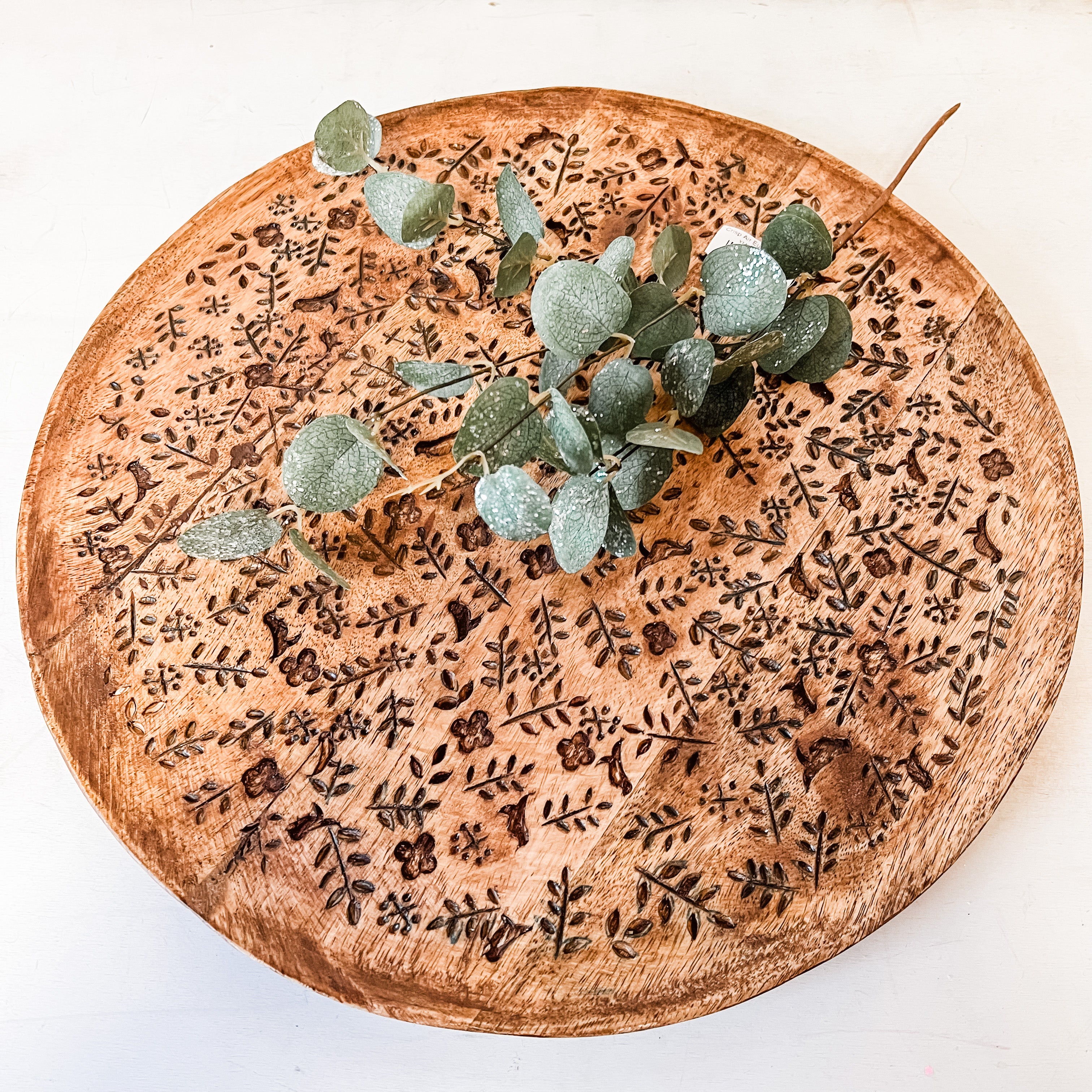 round mango wood tray with etched botanicals the rustic barn ct