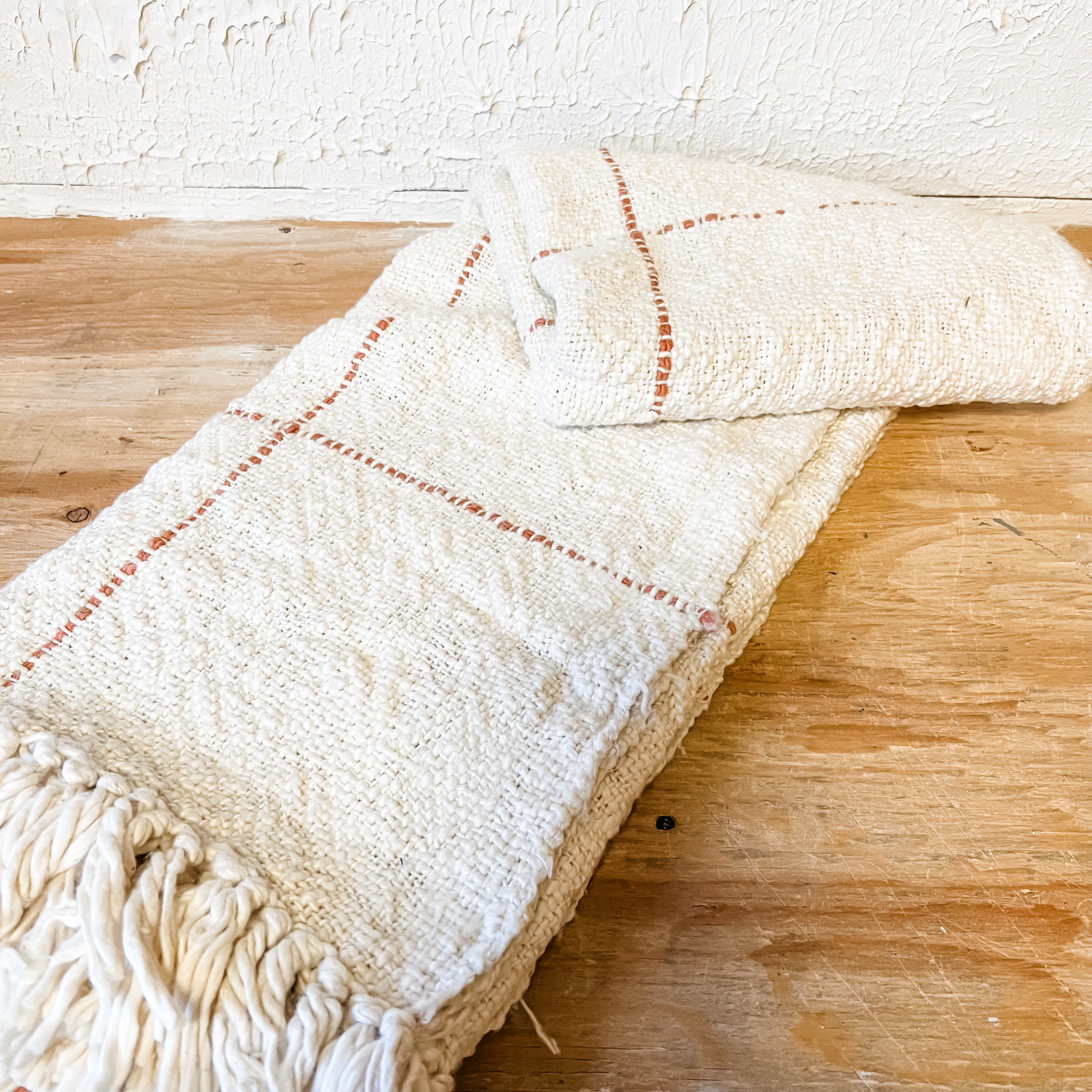 Cotton slub natural and brown grid throw with fringe the rustic barn ct