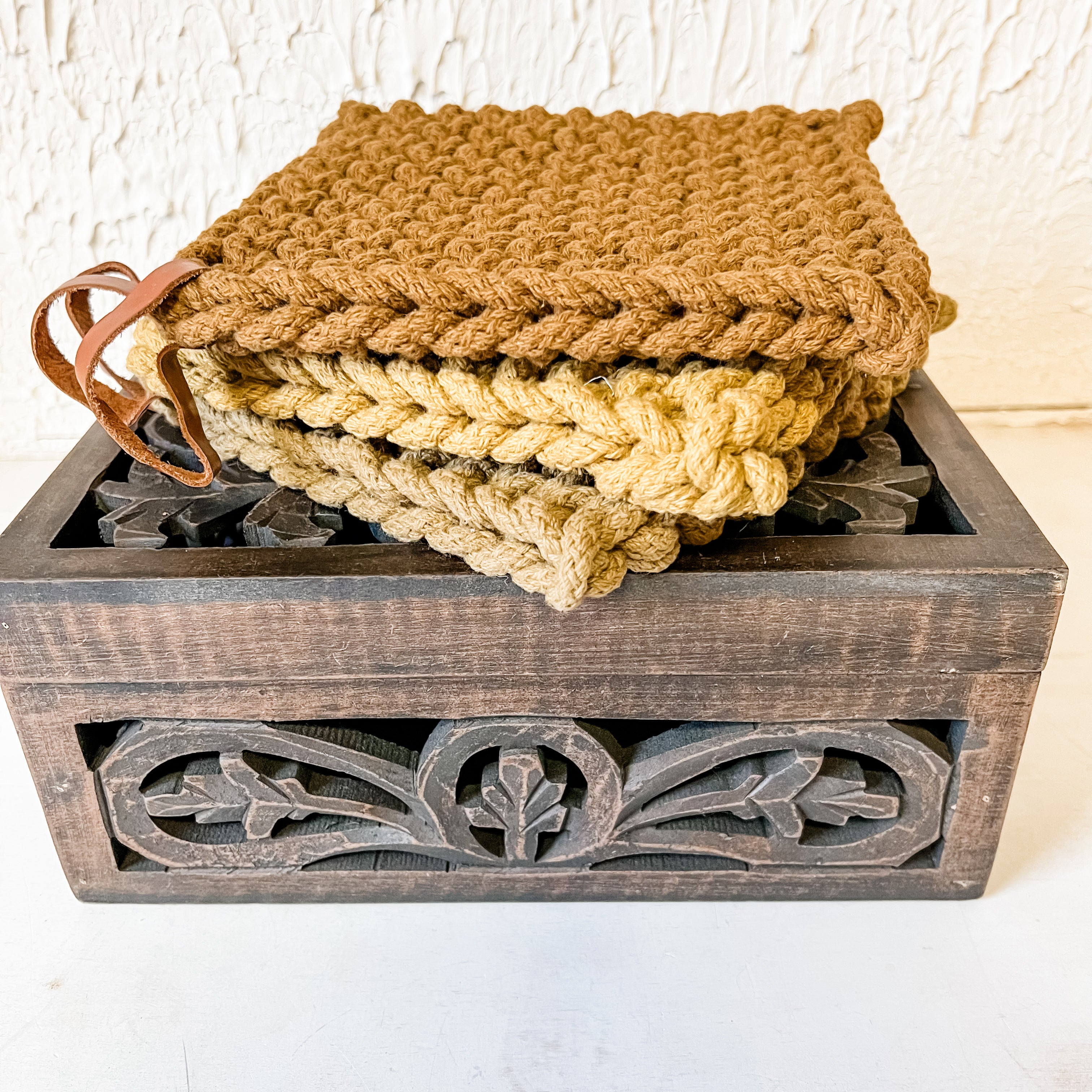 Hand crocheted cotton pot holders with leather tabs the rustic barn ct