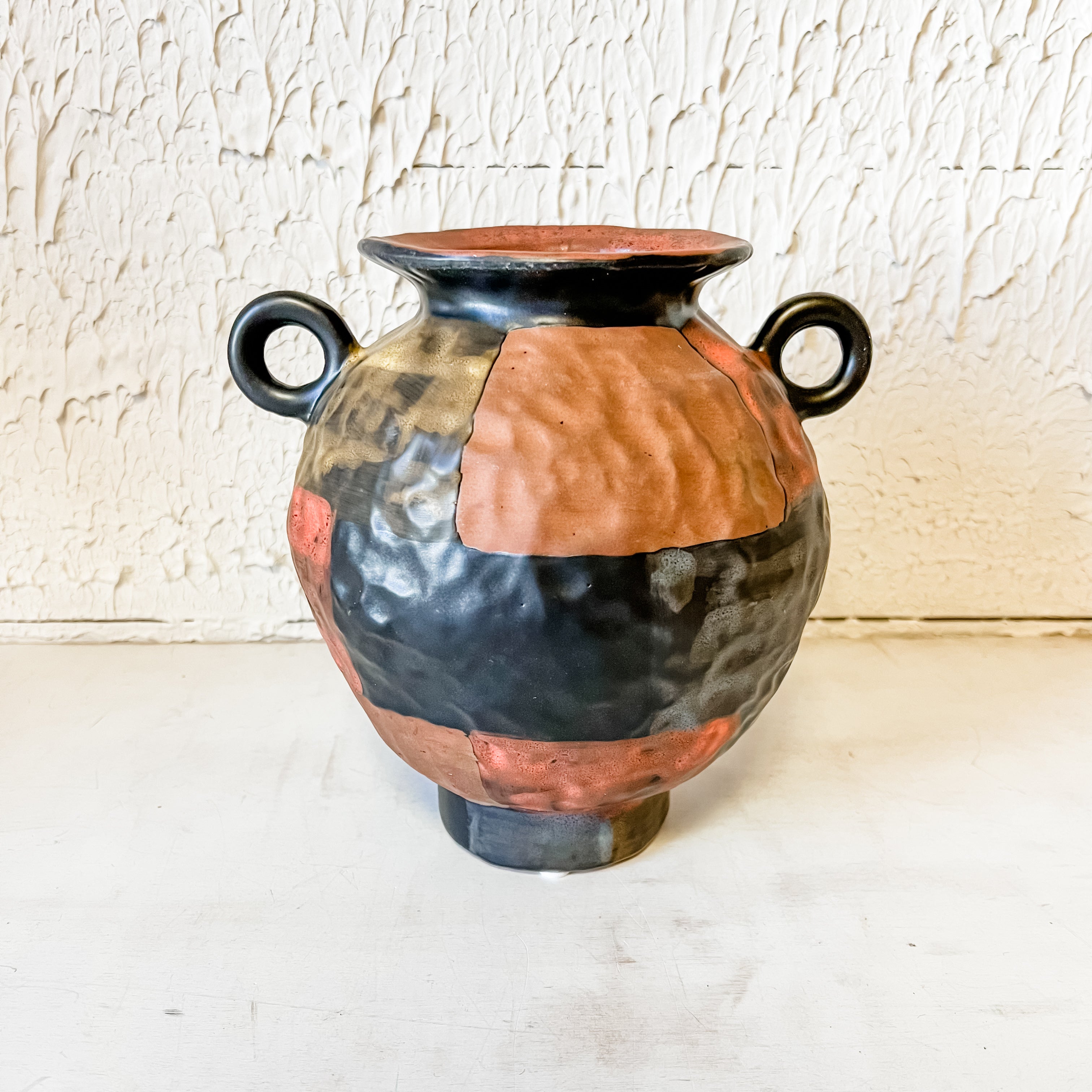 Hand painted stoneware vase with patchwork texture and two handles the rustic barn ct
