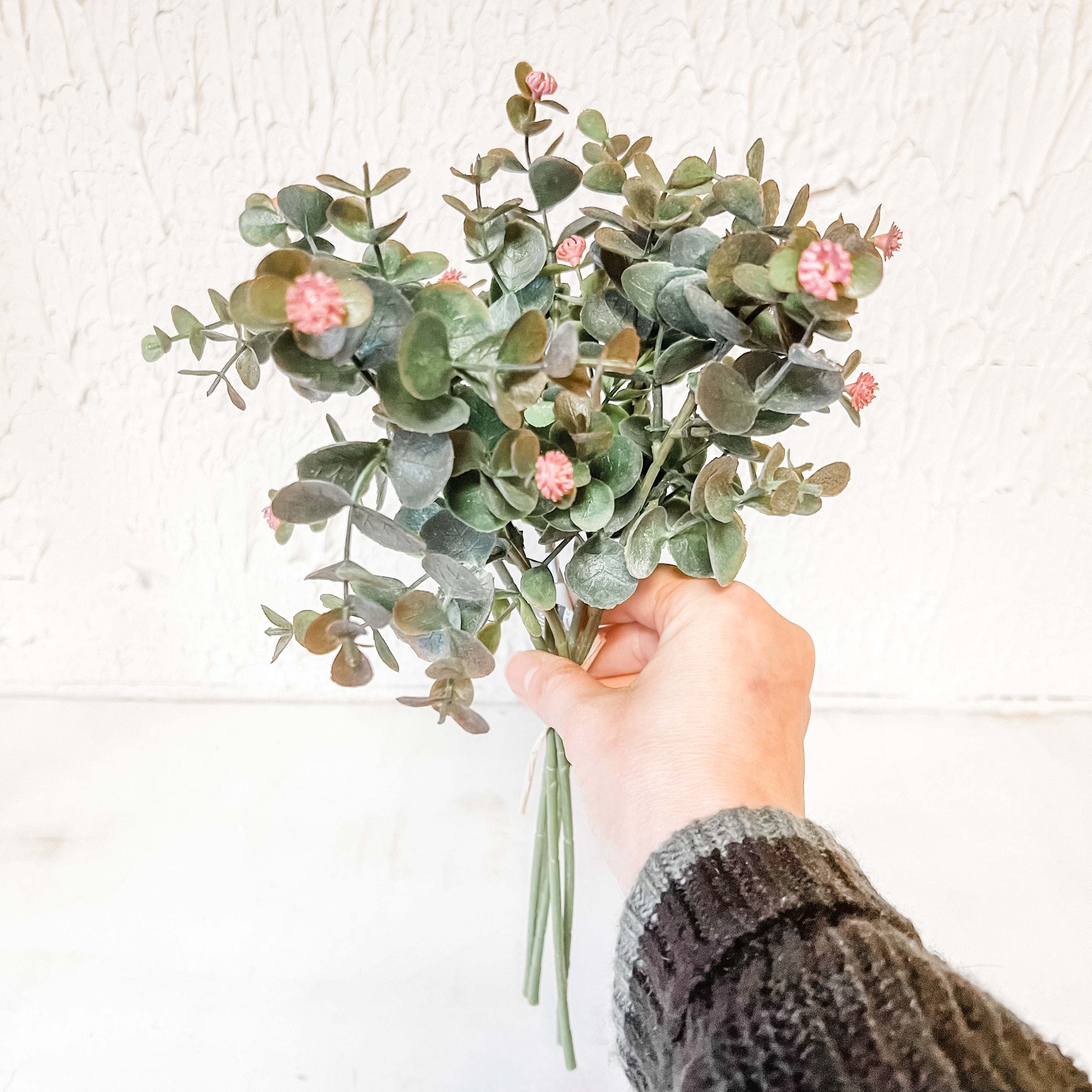 Faux eucalyptus leaf bundle with little pink flowers the rustic barn ct