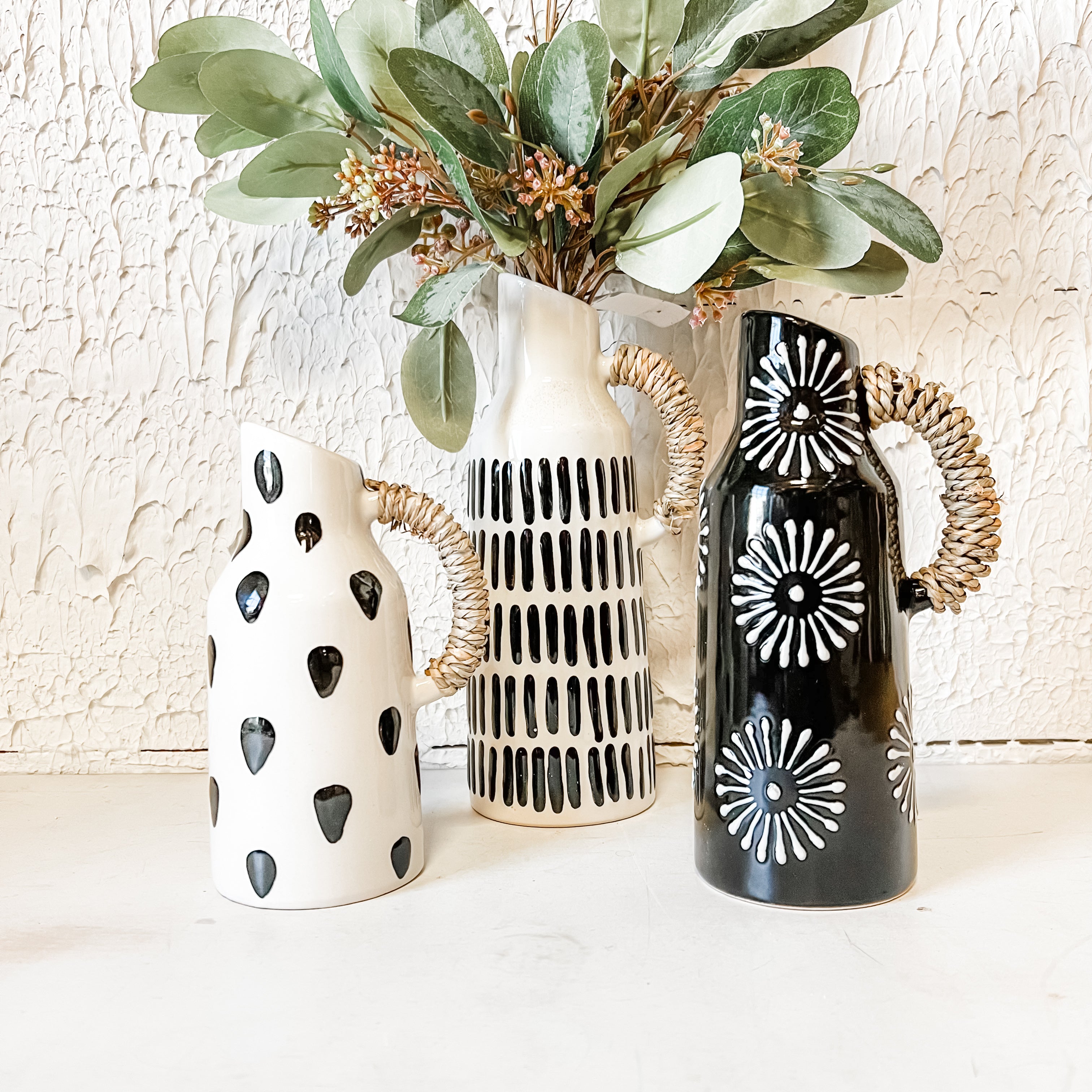 Black and white textured bud vases with rope handles the rustic barn ct