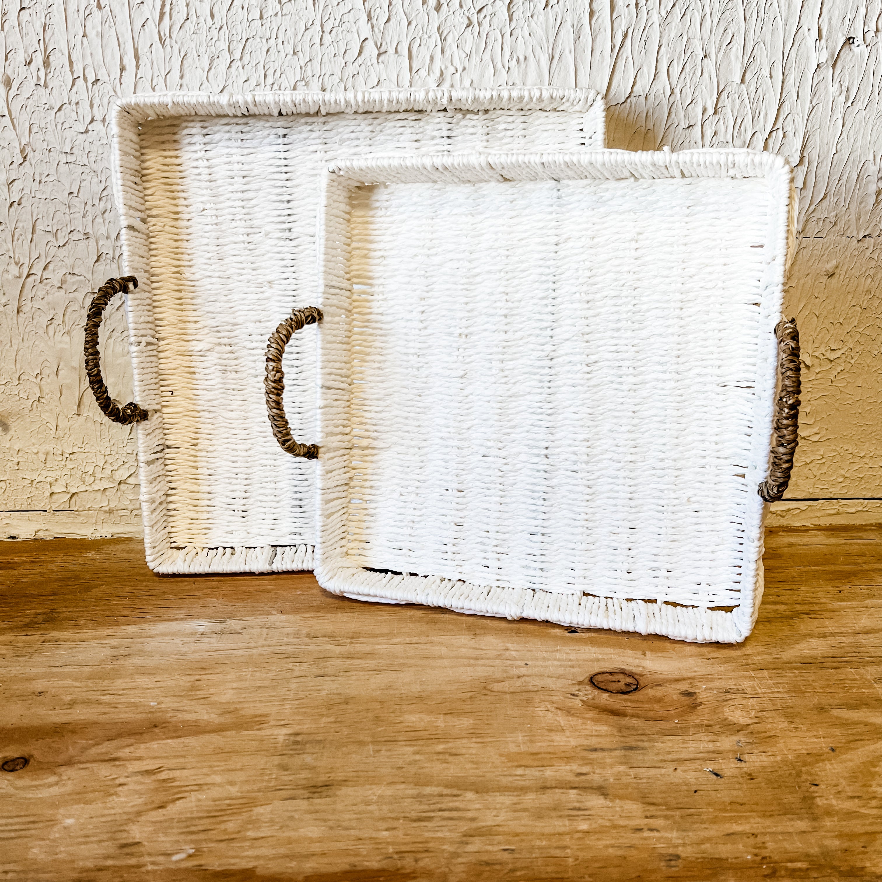 White woven trays with rope handles the rustic barn ct