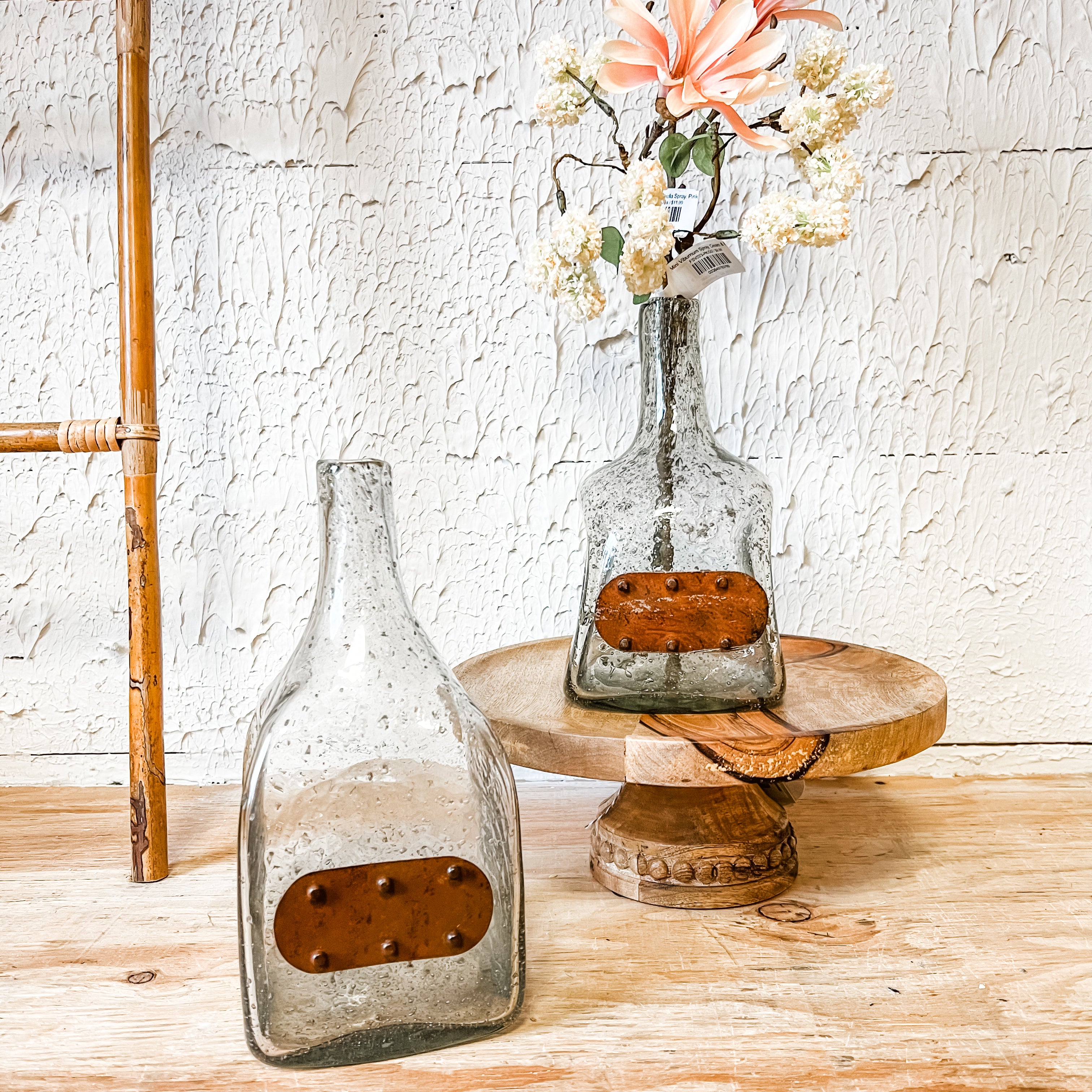 9” high vintage glass bottle with metal tag the rustic barn ct