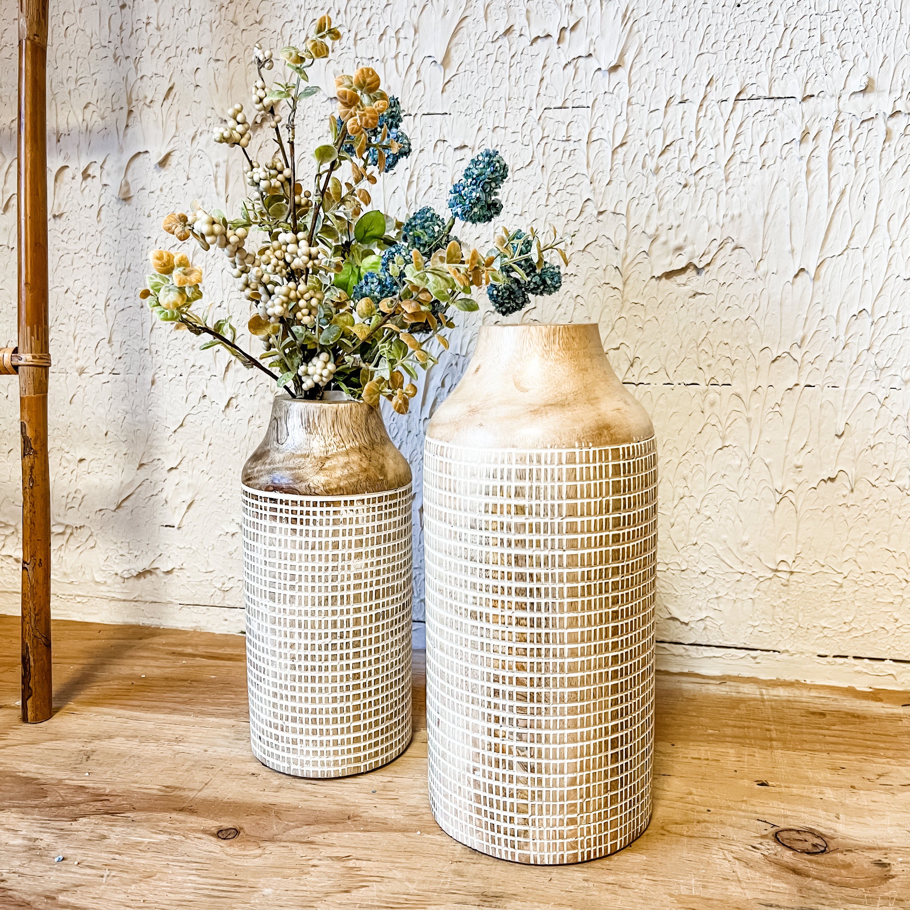 Wooden vase with a white plaid etched design the rustic barn ct