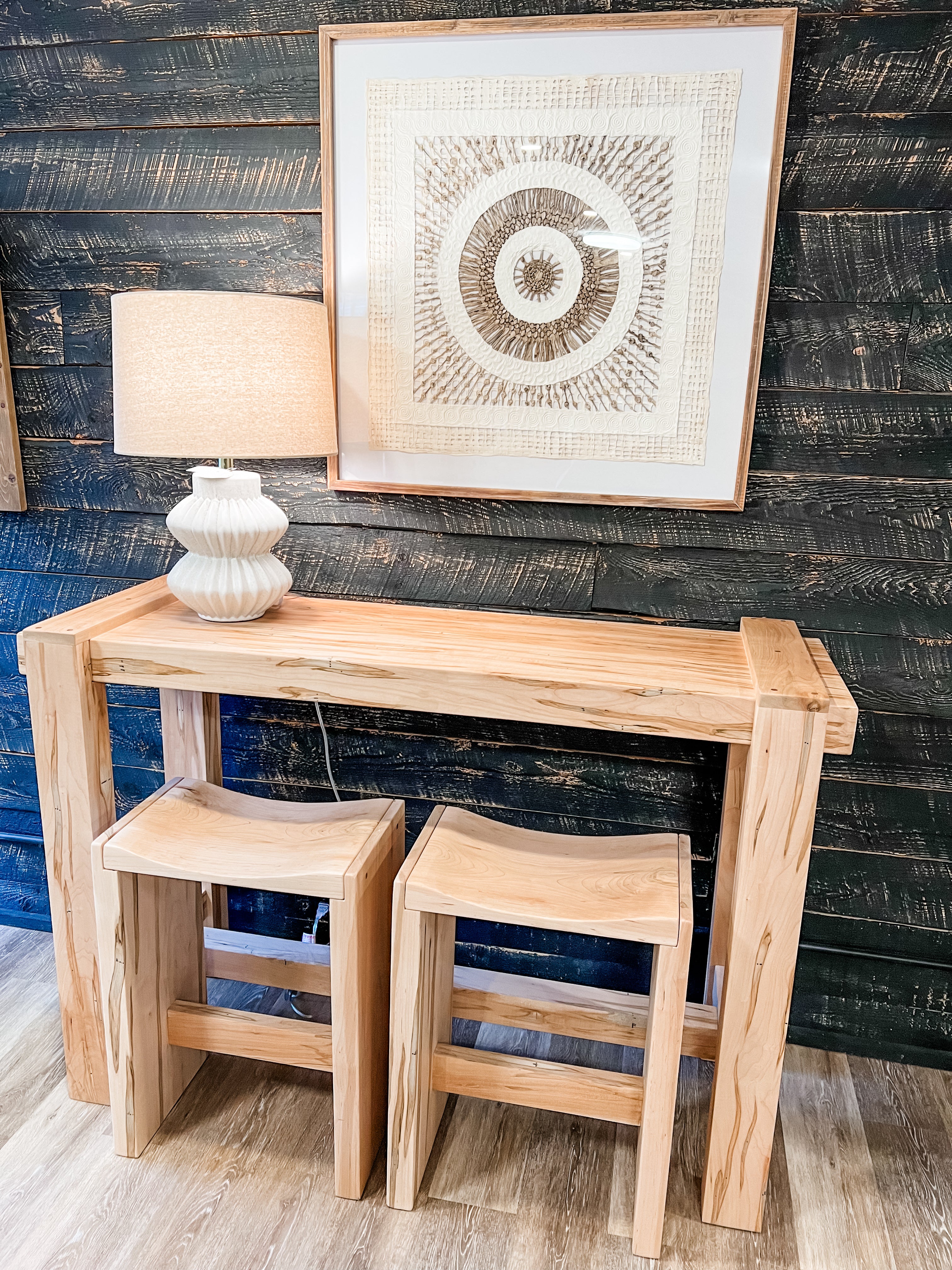 Maple wood sofa table with two stools hand-made the rustic barn ct