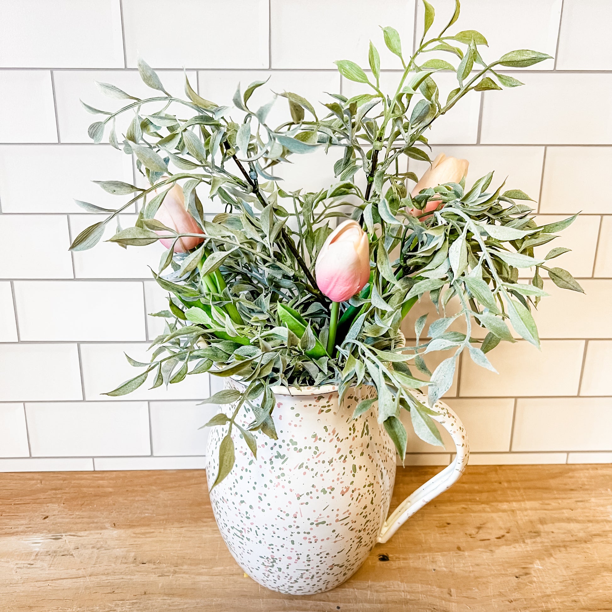 Enameled metal splatterware pink and green pitcher the rustic barn ct