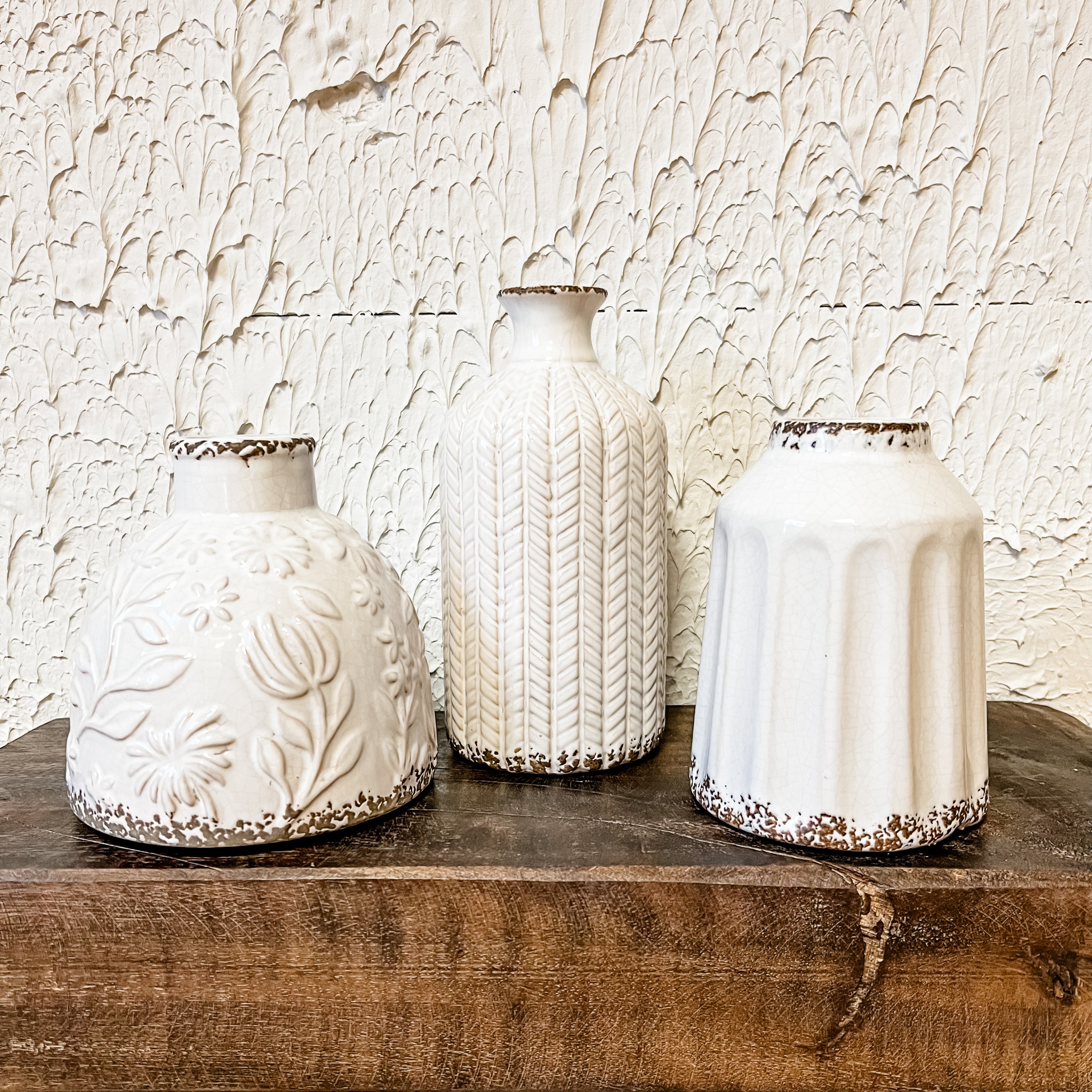 Cream textured pattern vases the rustic barn ct