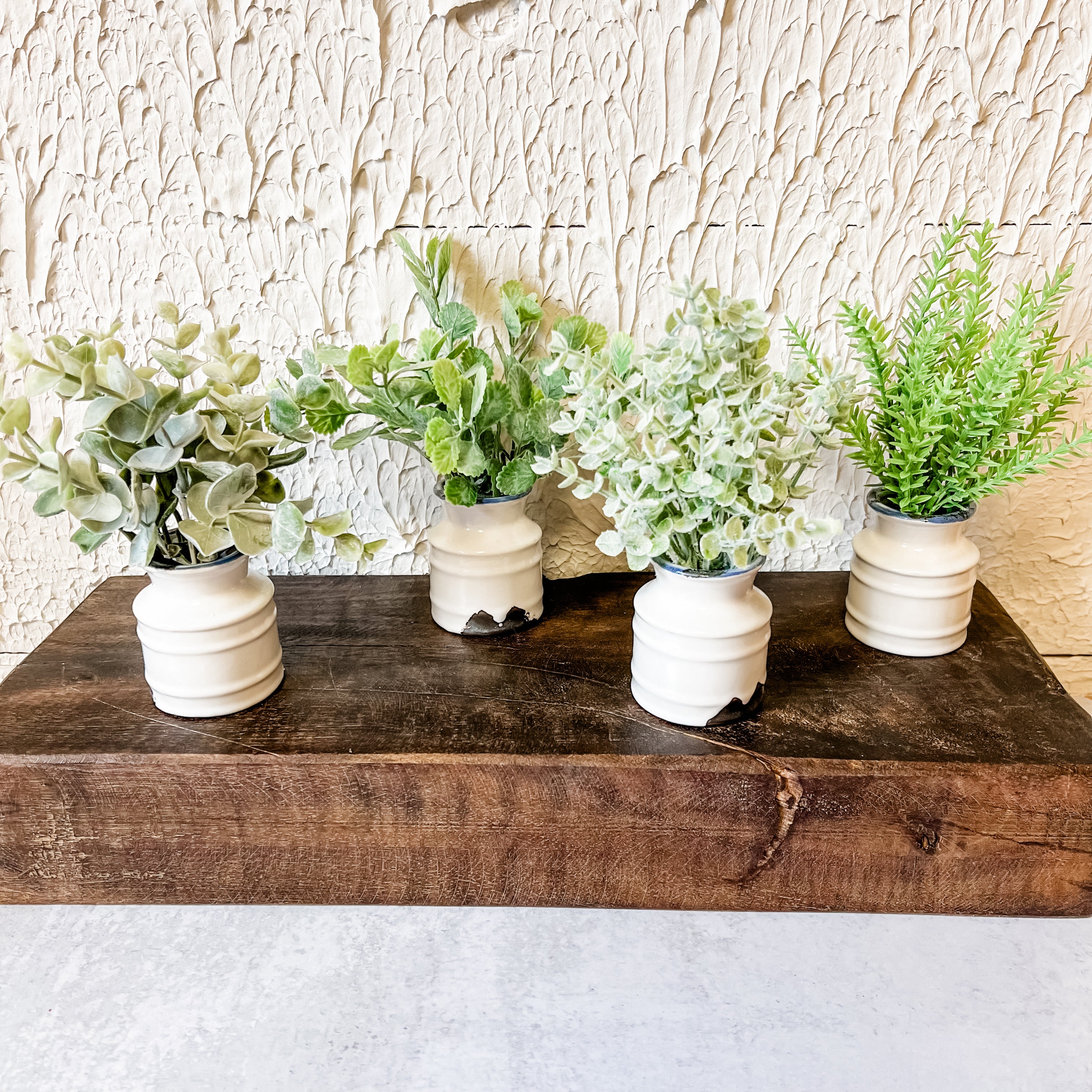 Small faux herbs in white distressed pot the rustic barn ct