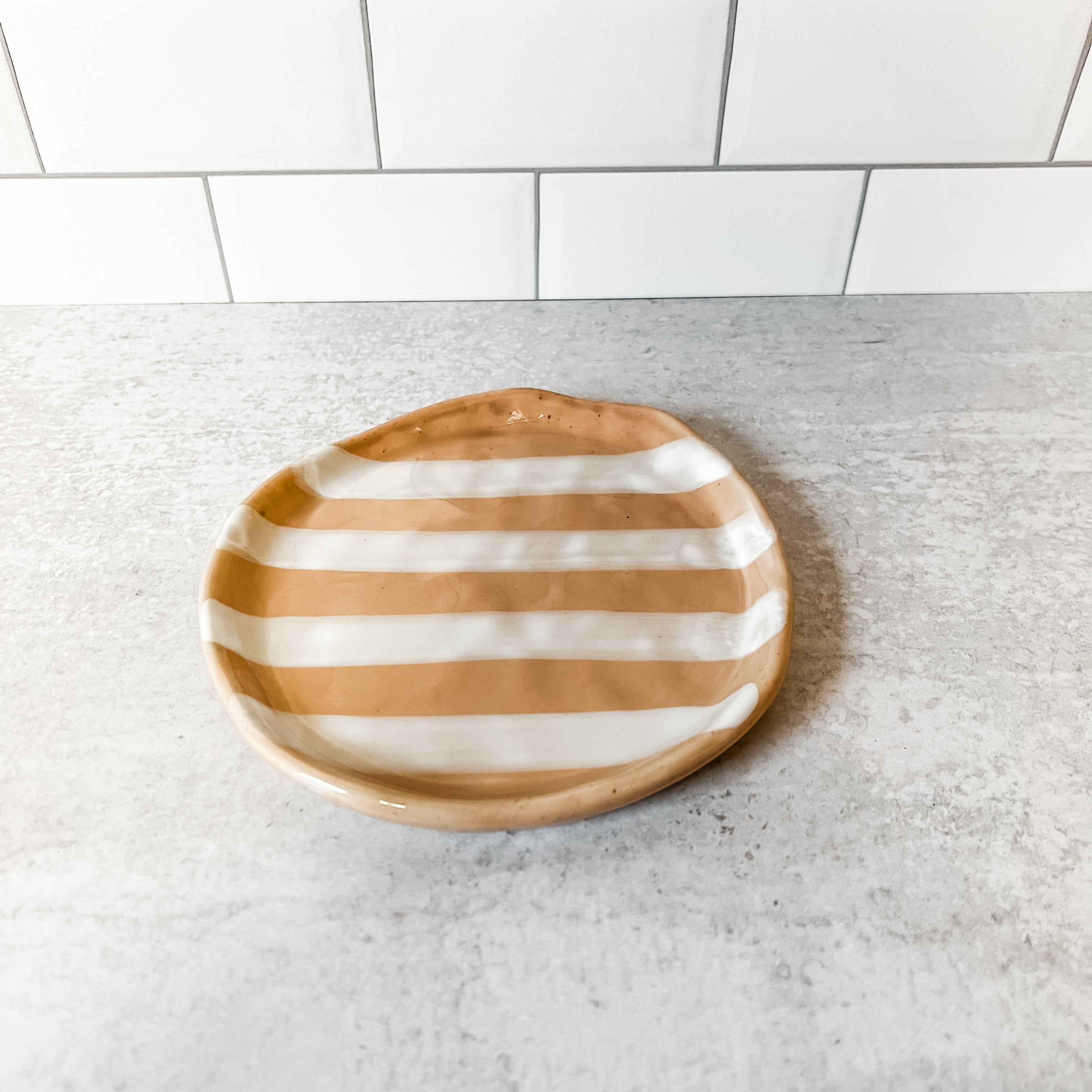 Hand painted stoneware 6” plate blush and white stripe the rustic barn ct