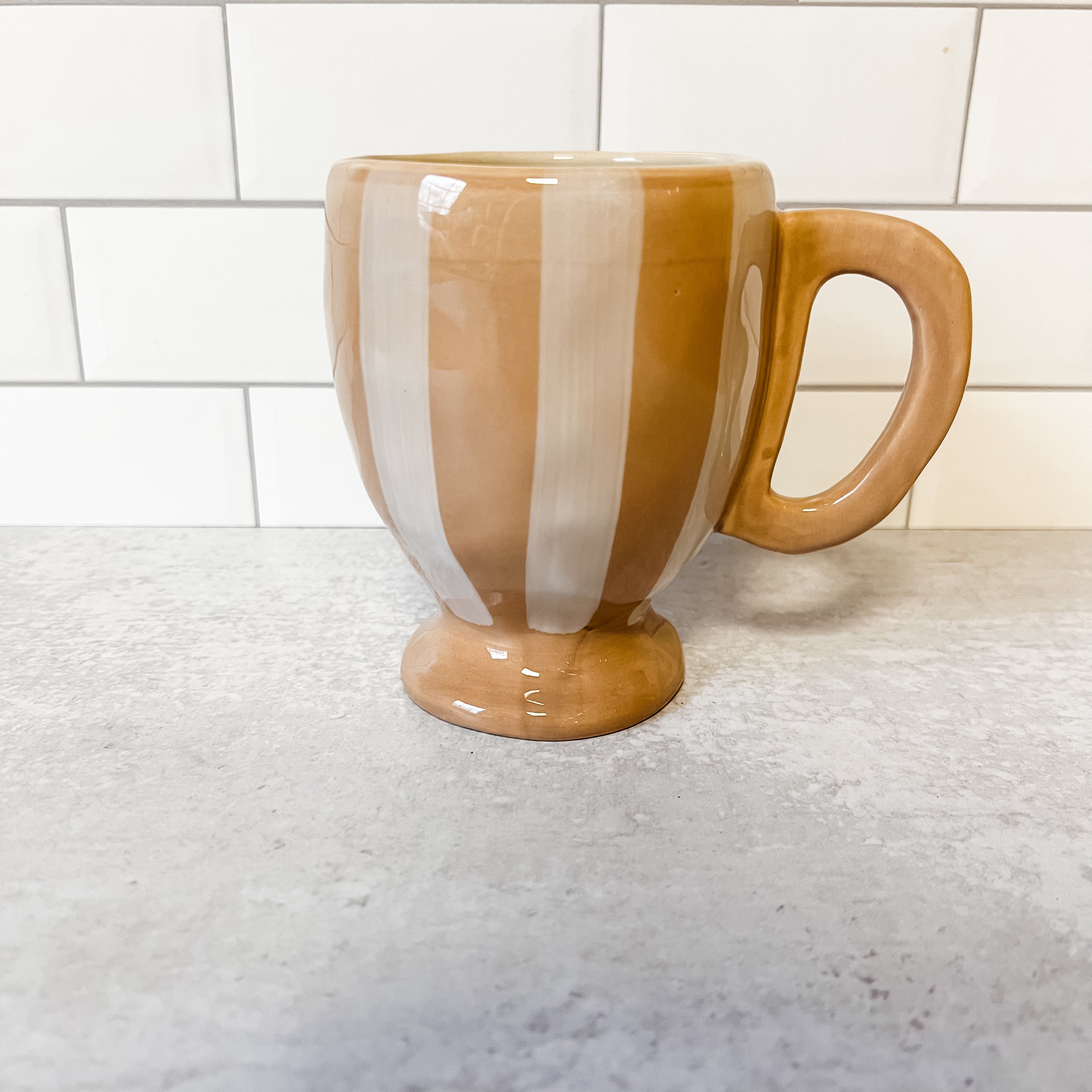 Stoneware blush and cream stripe footed mug with handle the rustic barn ct
