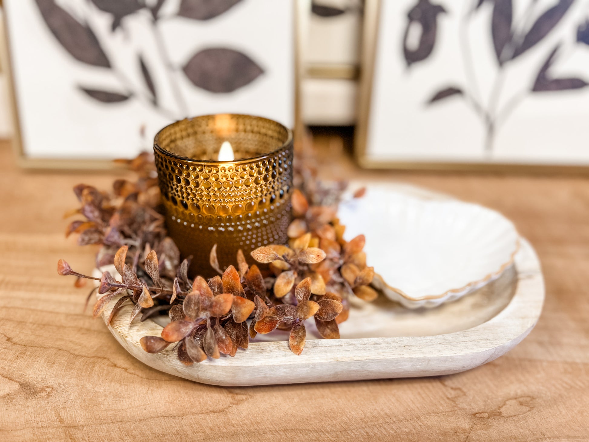 white washed oval wood tray at the rustic barn in killingworth ct