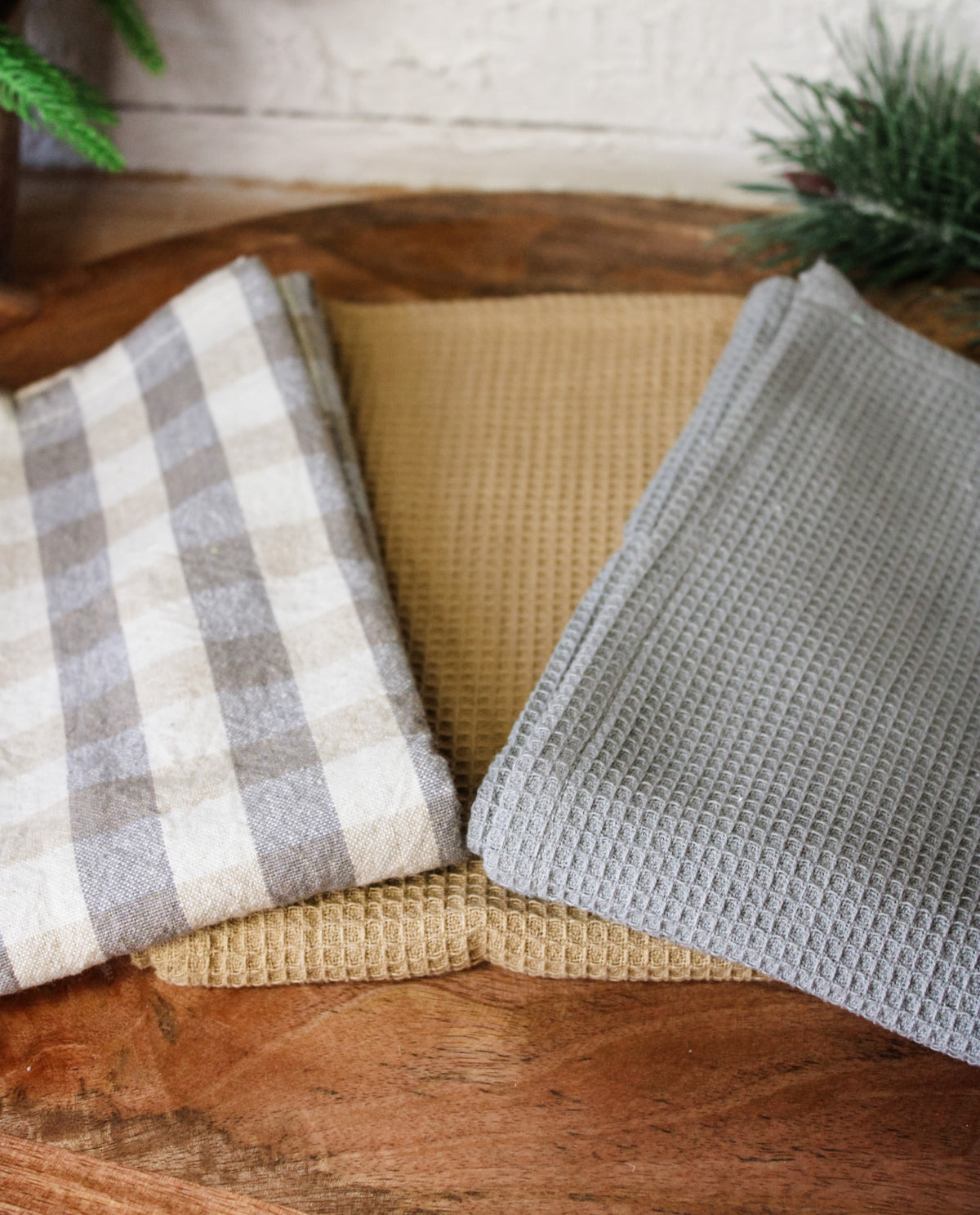 Cotton waffle knit tea towel 3 pack for winter and christmas gigham neutral color palette for sale at the rustic barn in killingworth, CT