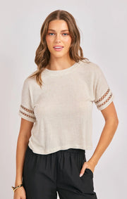 Linen blend short sleeve trim tee oatmeal color from The Rustic Barn in Killingworth, CT