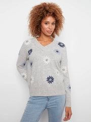Luna Floral Embroidered Heather Grey V-Neck Sweater at the rustic barn in Killingworth ct