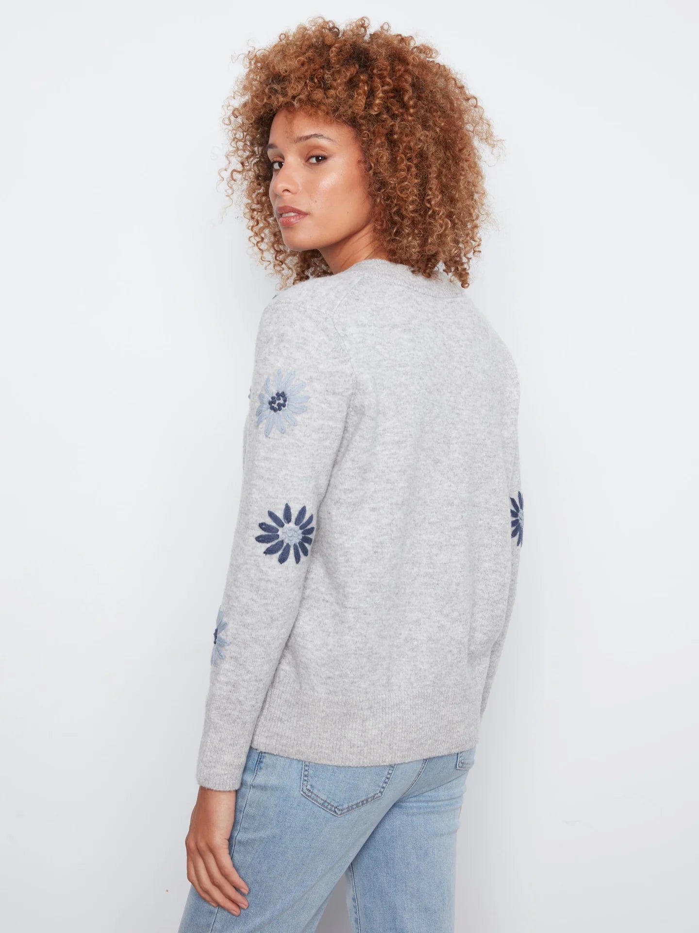 Luna Floral Embroidered Heather Grey V-Neck Sweater at the rustic barn in Killingworth ct