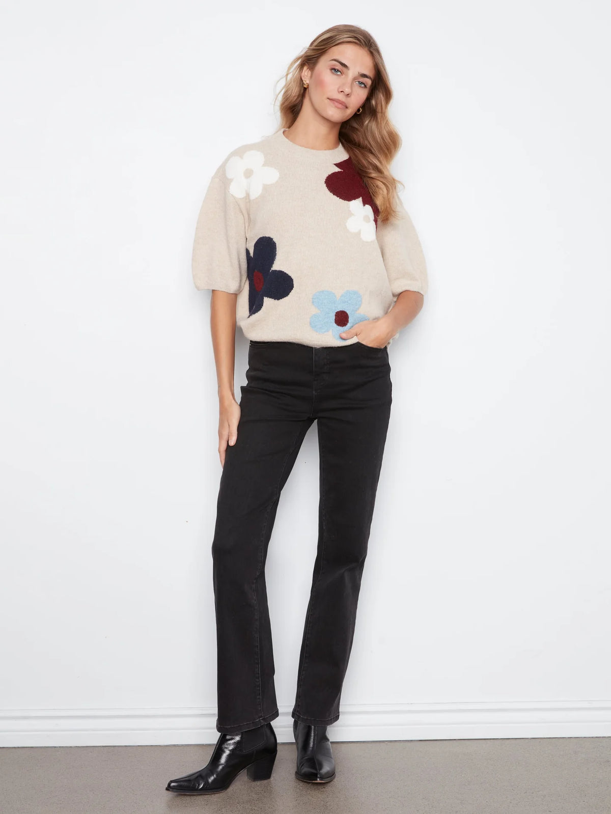 Multicolor Jacquard Knit Balloon Sleeve Sweater at the rustic barn in killingworth ct