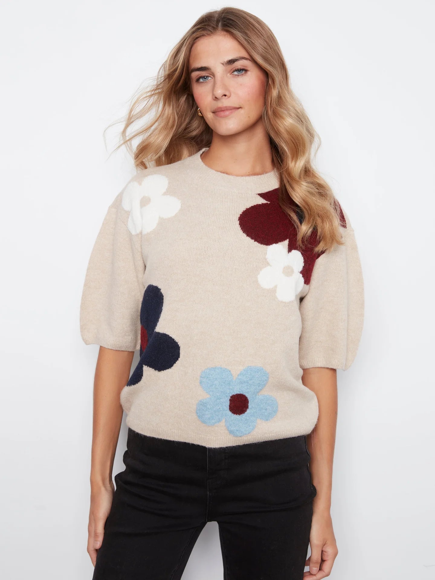 Multicolor Jacquard Knit Balloon Sleeve Sweater at the rustic barn in killingworth ct