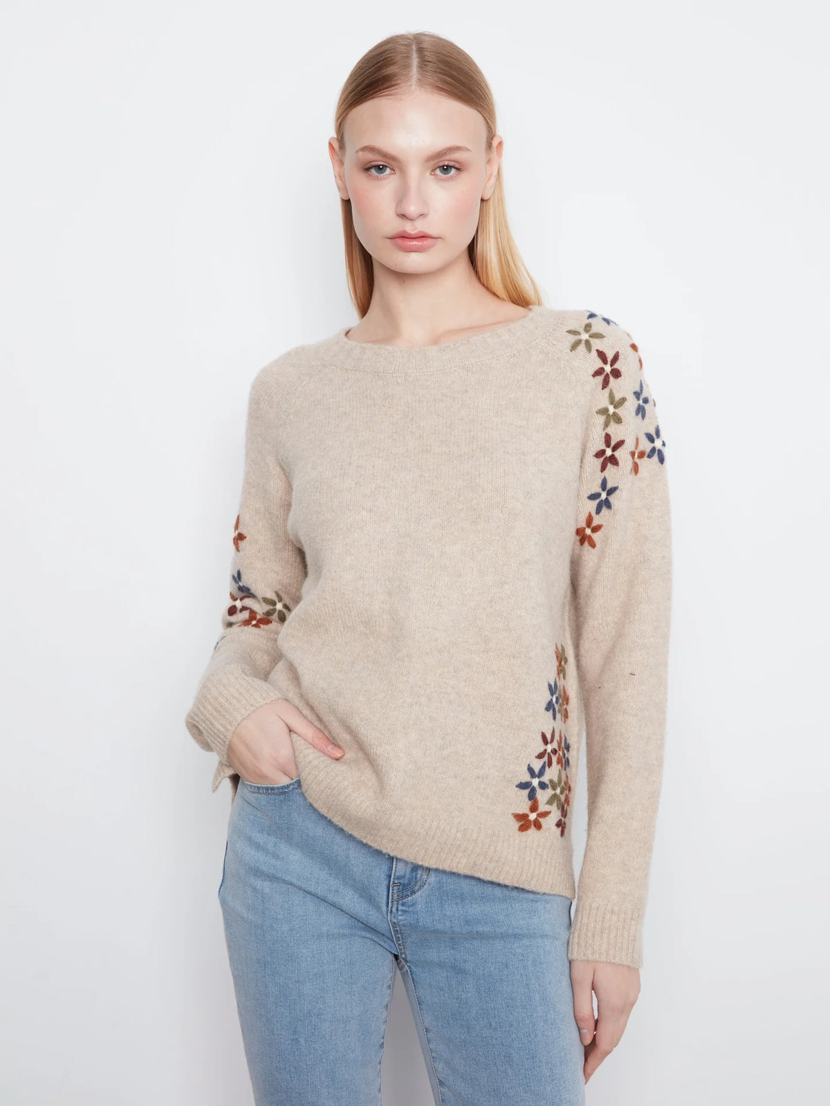 Pebble Floral Embroidered Raglan Crew Neck Sweater at the rustic barn in Killingworth ct