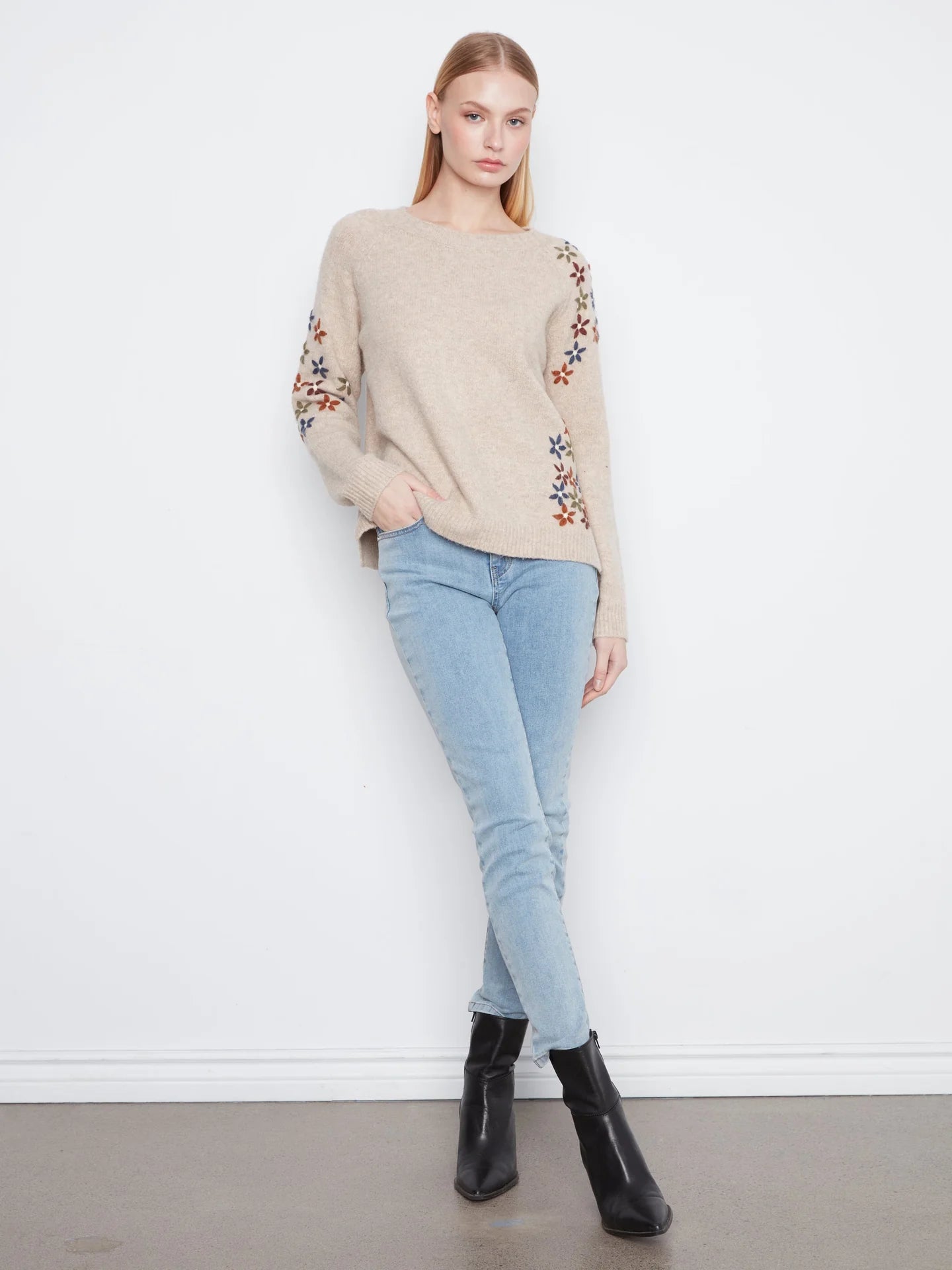 Pebble Floral Embroidered Raglan Crew Neck Sweater at the rustic barn in Killingworth ct