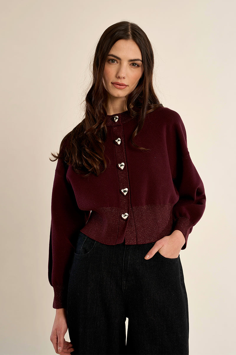 Plum Heart-Button Knit Cardigan at the rustic barn in Killingworth ct