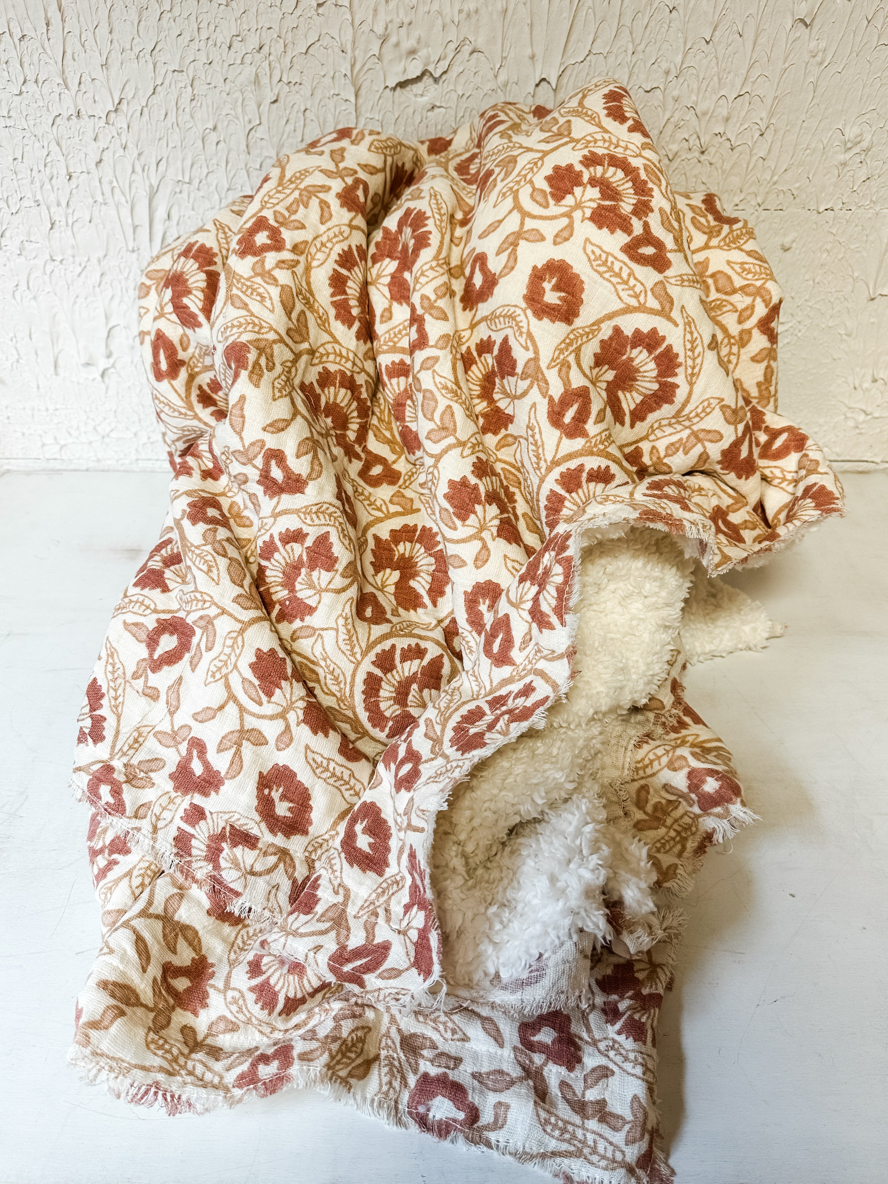 Rose & Tan Woven Cotton Throw Sherpa Blanket at the rustic barn in killingworth CT