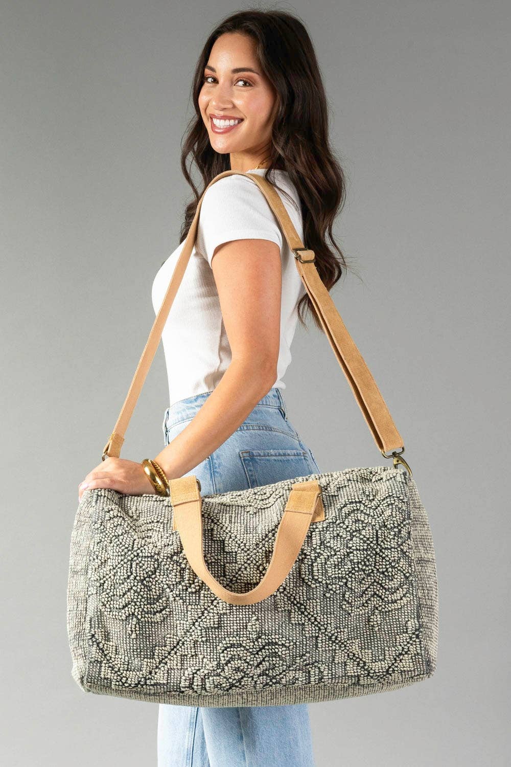 Sage Vintage-Inspired Textured Duffel Bag at the rustic barn in killingworth ct
