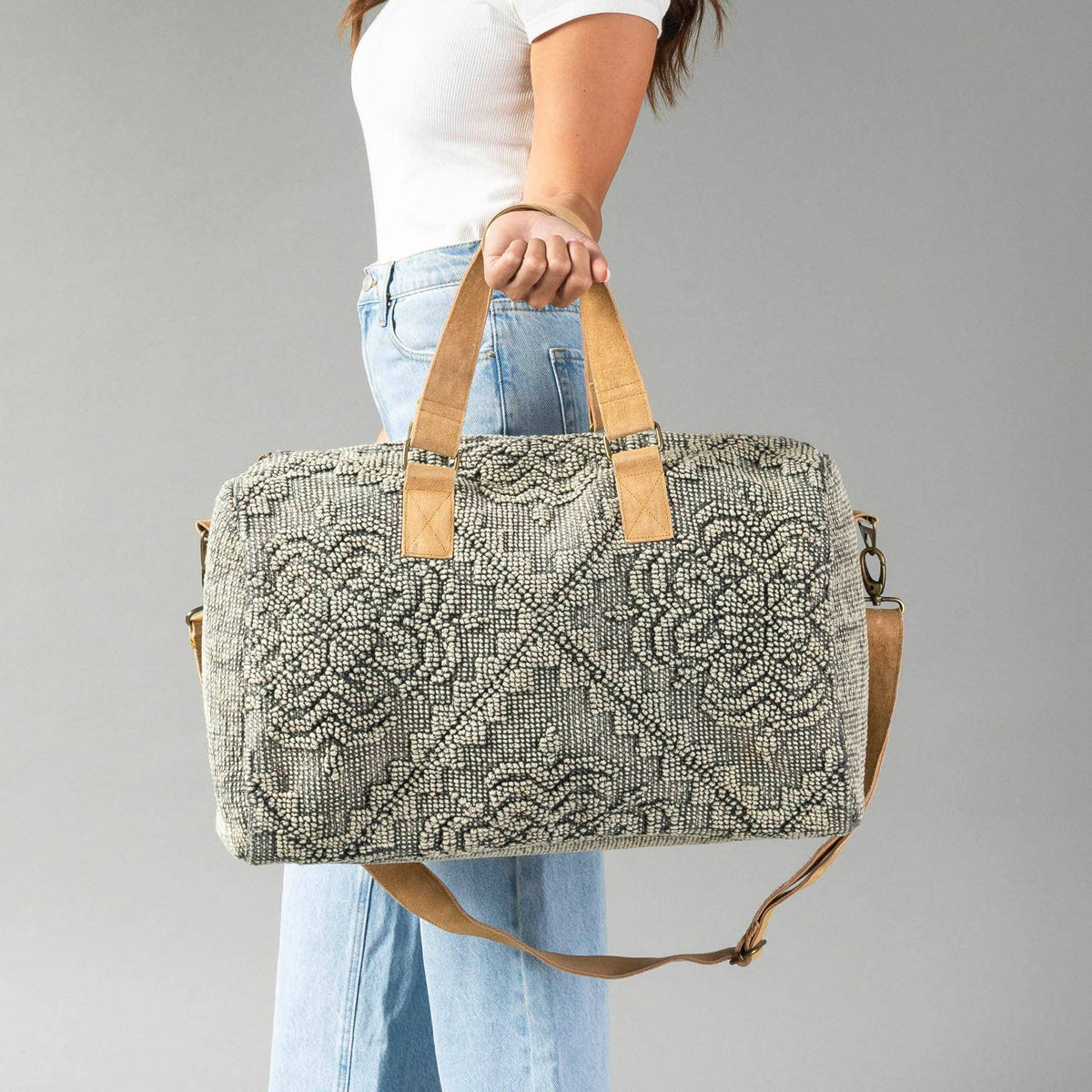 Sage Vintage-Inspired Textured Duffel Bag at the rustic barn in killingworth ct