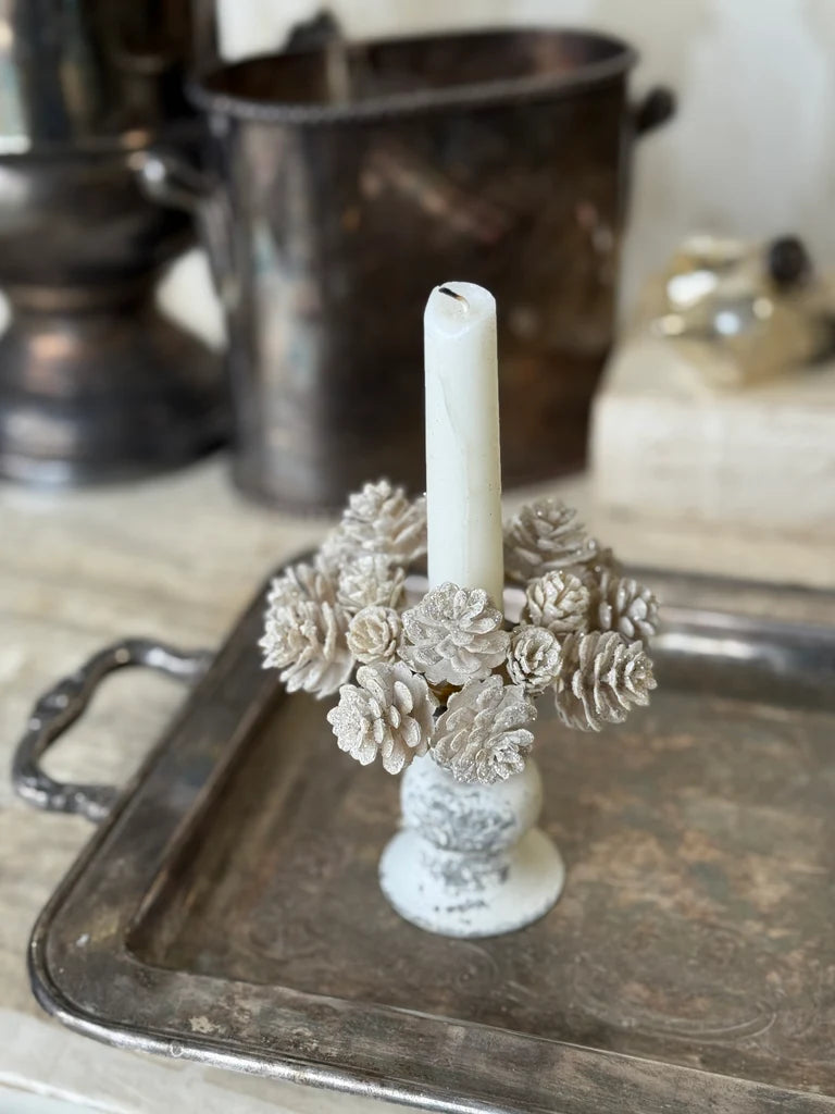 shimmering ivory colored sparky taper pinecone candle ring for christmas for sale at the rustic barn in killingworth, CT