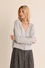 Silvery Grey Scalloped V-Neck Fitted Knit Cardigan at the rustic barn in Killingworth ct