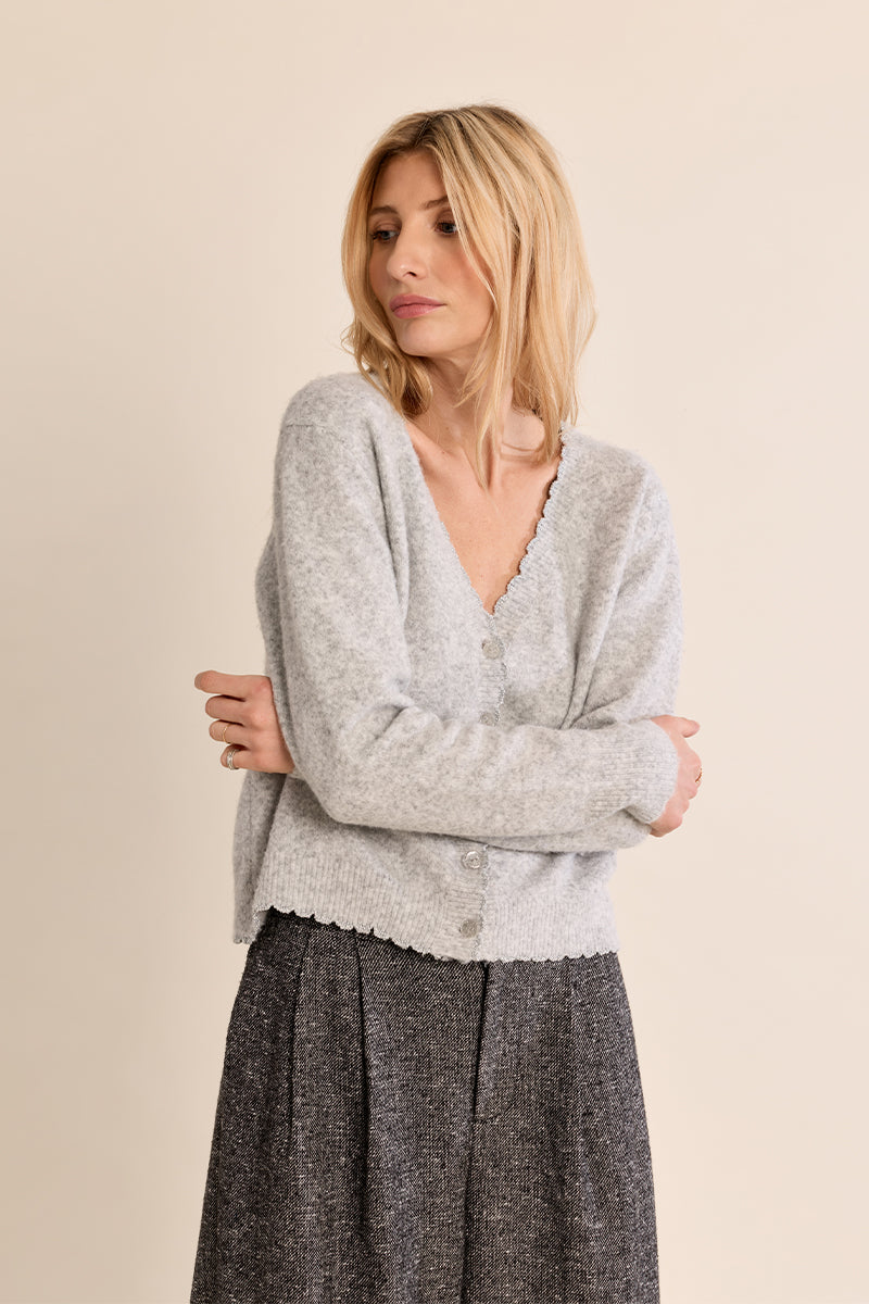 Silvery Grey Scalloped V-Neck Fitted Knit Cardigan at the rustic barn in Killingworth ct