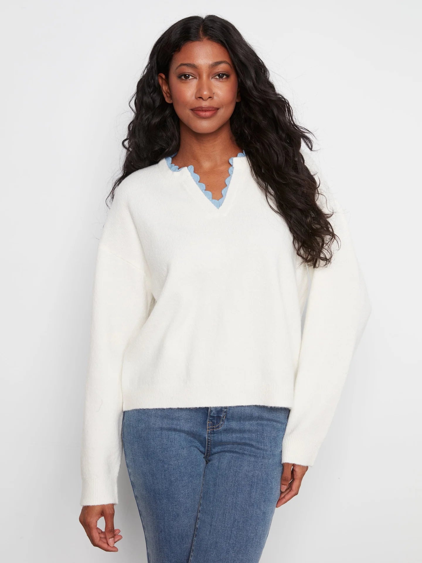 Snow White V-Notch Drop Shoulder Knit Sweater at the rustic barn in Killingworth ct