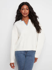 Snow White V-Notch Drop Shoulder Knit Sweater at the rustic barn in Killingworth ct