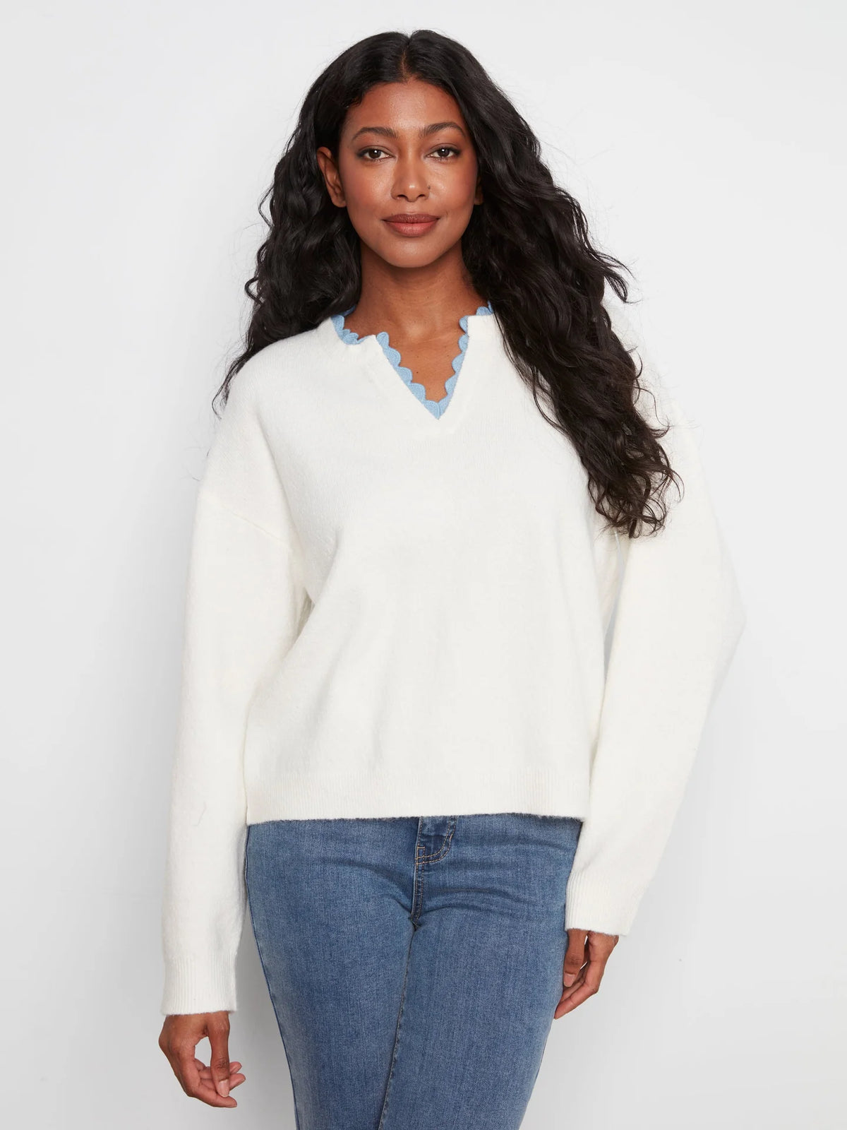 Snow White V-Notch Drop Shoulder Knit Sweater at the rustic barn in Killingworth ct