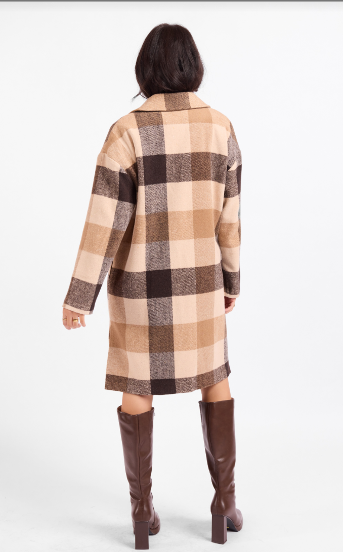 Taupe Farmland Plaid Wool Blend Open Front Coat at the rustic barn in killingworth ct