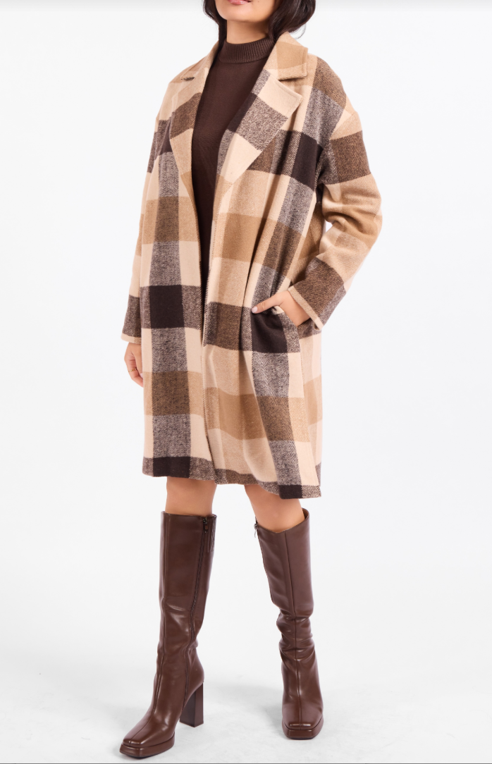 Taupe Farmland Plaid Wool Blend Open Front Coat at the rustic barn in killingworth ct
