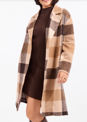 Taupe Farmland Plaid Wool Blend Open Front Coat at the rustic barn in killingworth ct