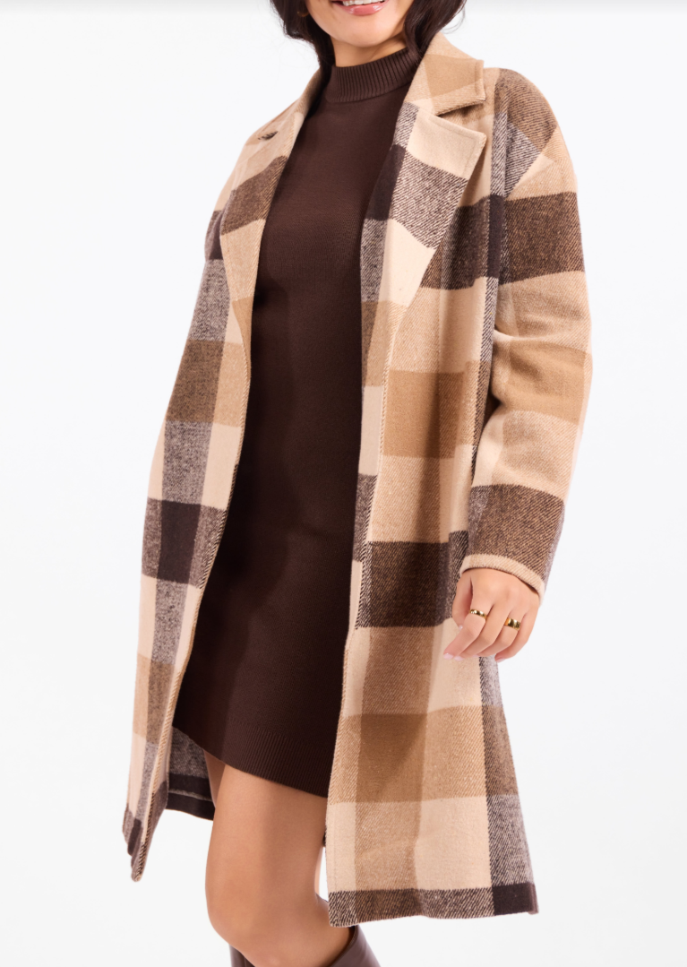 Taupe Farmland Plaid Wool Blend Open Front Coat at the rustic barn in killingworth ct