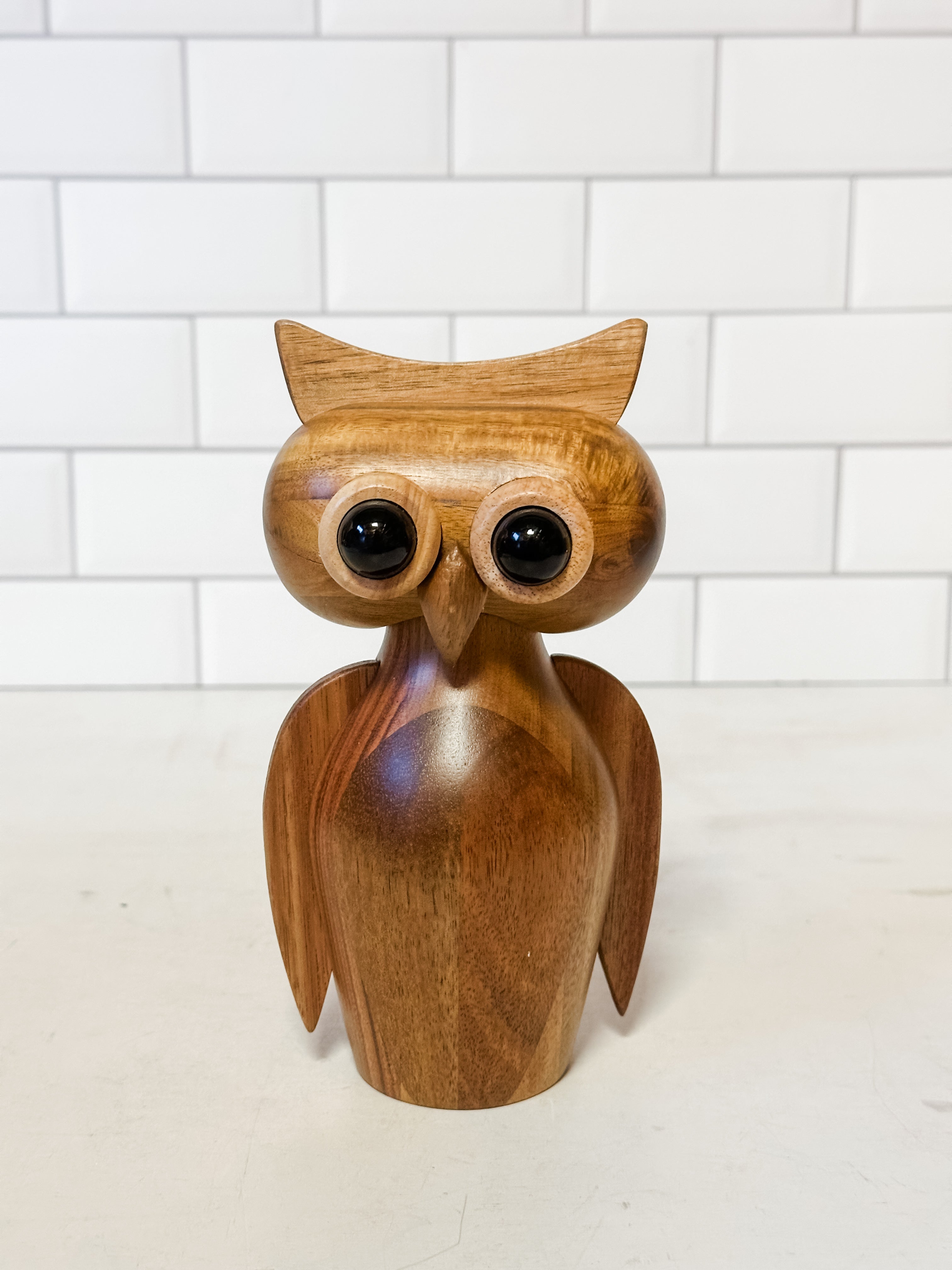 acacia wood owl shaped salt and pepper mill at The Rustic Barn in Killingworth, CT