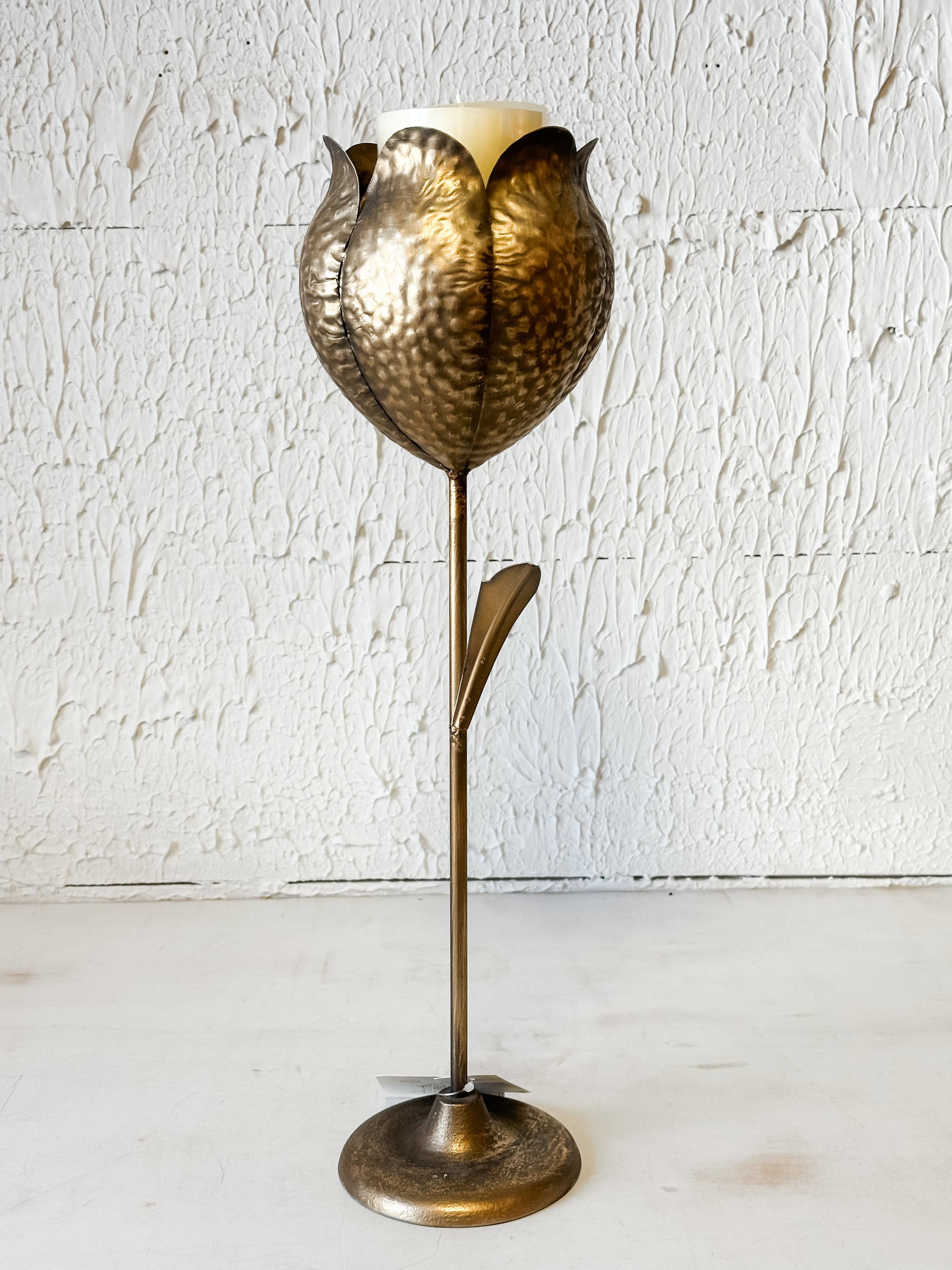 Antique Brass Tulip Taper Candle Holders at the Rustic Barn in Killingworth, CT