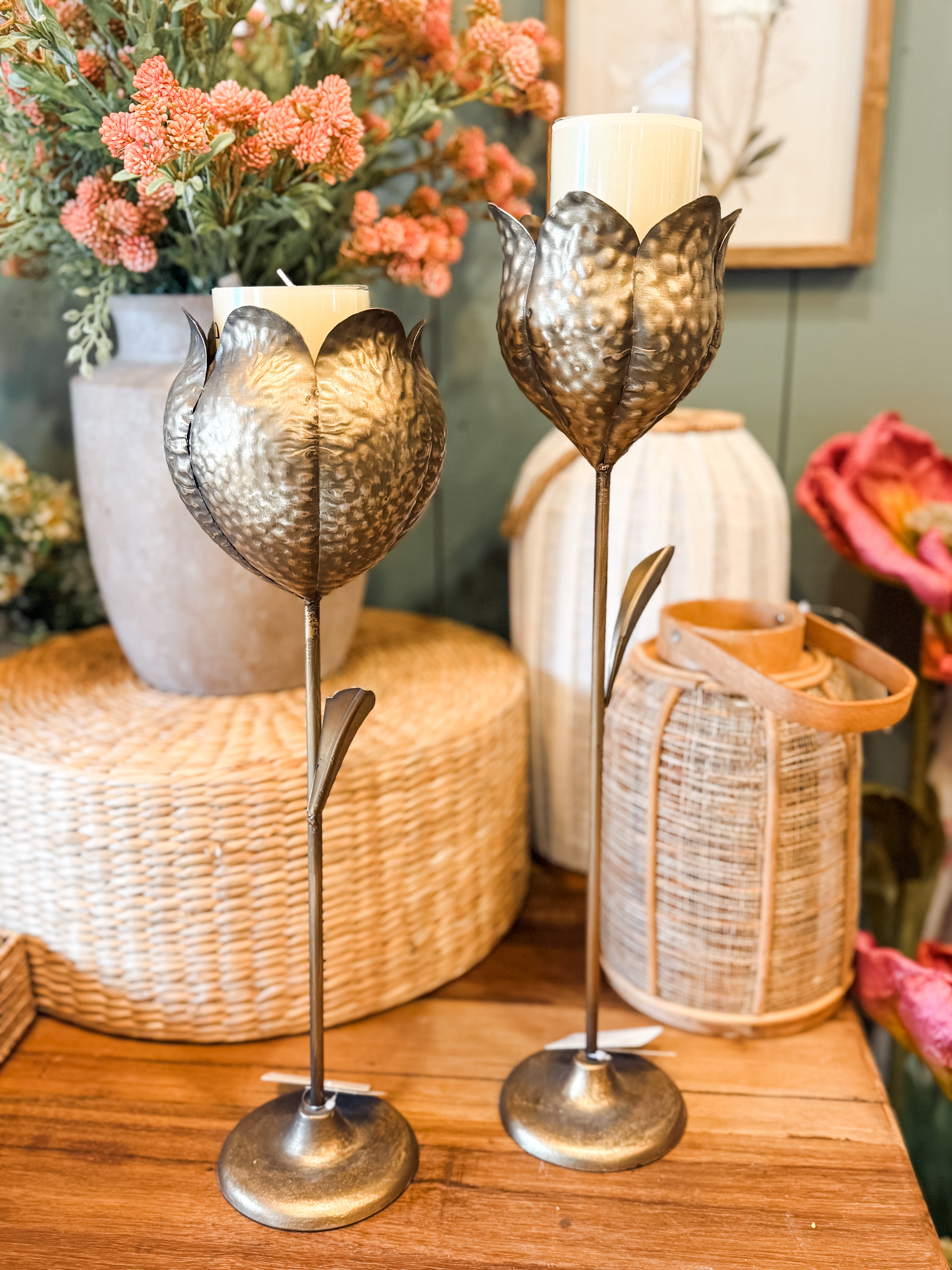 Antique Brass Tulip Taper Candle Holders at the Rustic Barn in Killingworth, CT