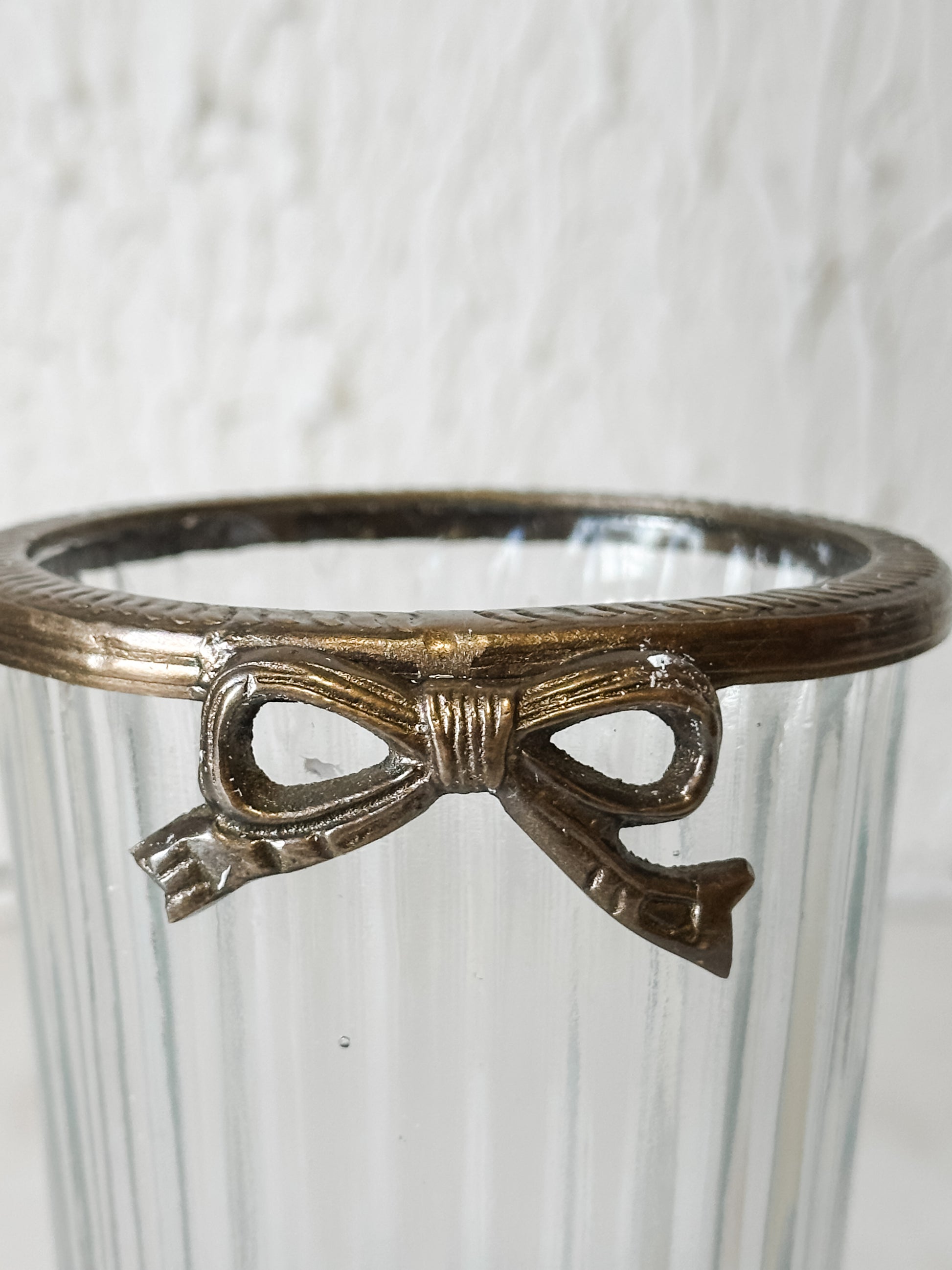 Antique Gold Hand-Cut Glass Vase with Bow Accent at the Rustic Barn in Killingworth, CT