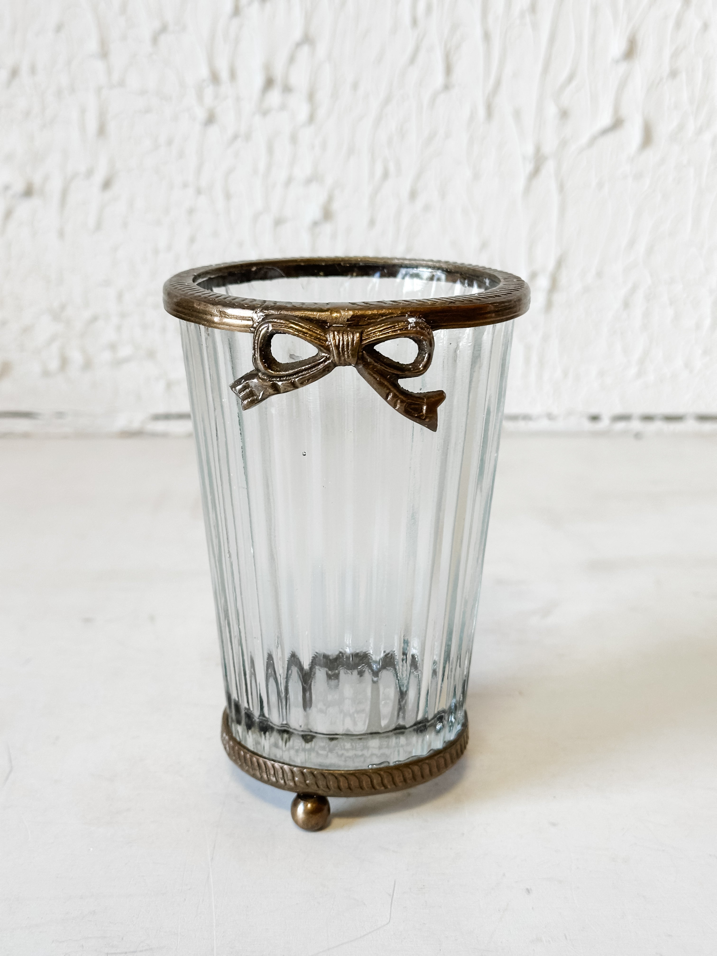 Antique Gold Hand-Cut Glass Vase with Bow Accent at the Rustic Barn in Killingworth, CT