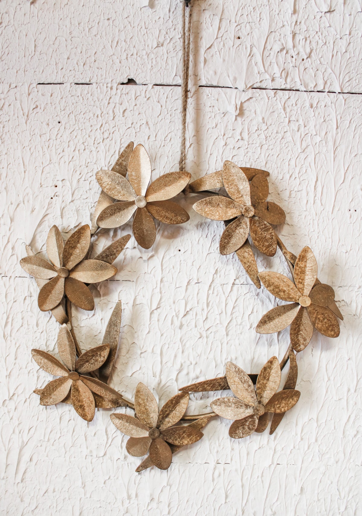 antique gold metal floral wreath for christmas 14 inches long for sale at the rustic barn in Killingworth, CT