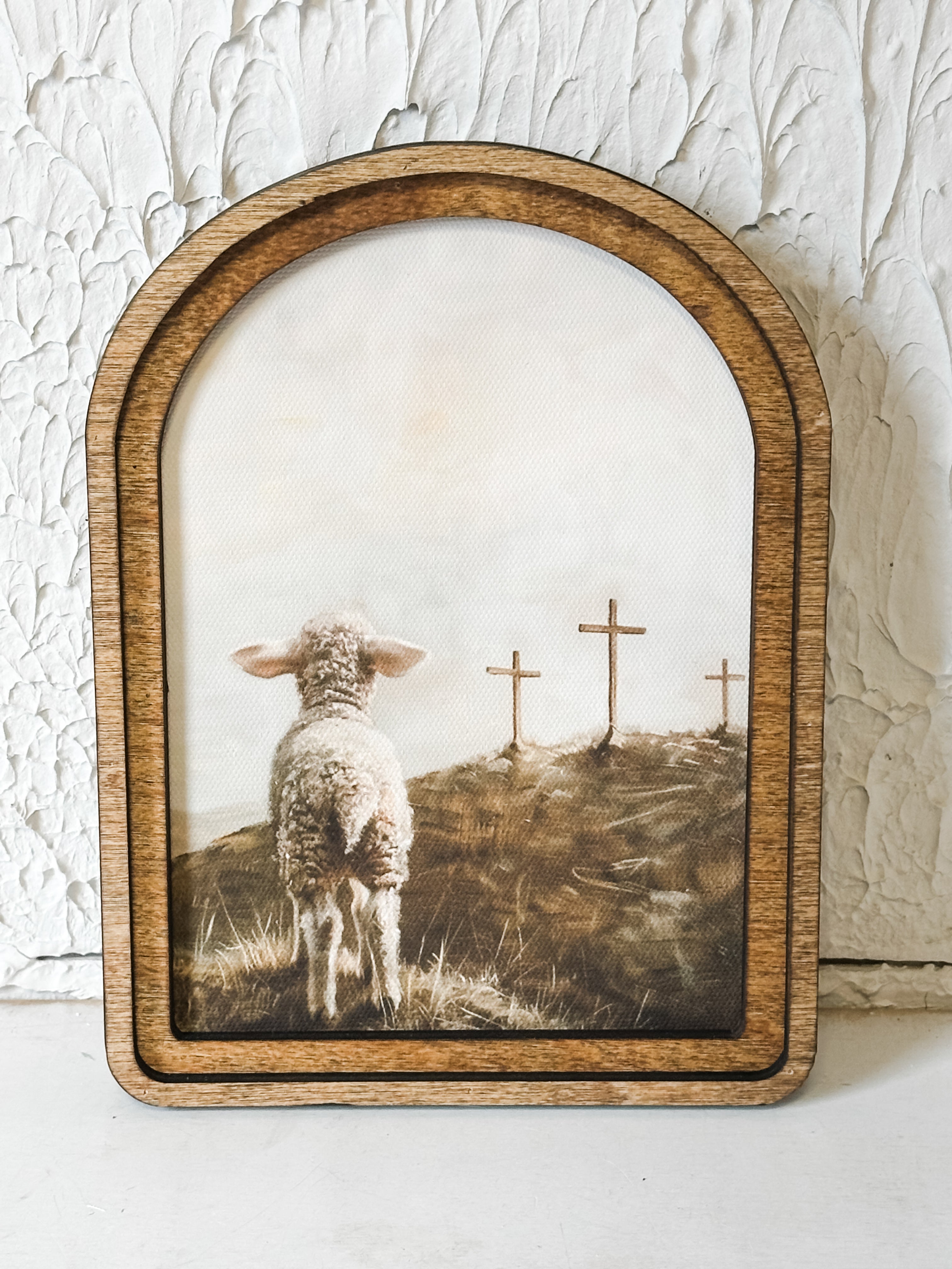 Arch Top Lamb & Three Crosses Framed Wall Art at the Rustic Barn in Killingworth, CT