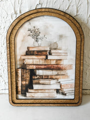 Arch Top Stacked Books Framed Wall Art at the Rustic Barn in Killingworth, CT