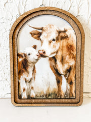 arched framed wall art mama cow and calf at the rustic barn in killingworth ct
